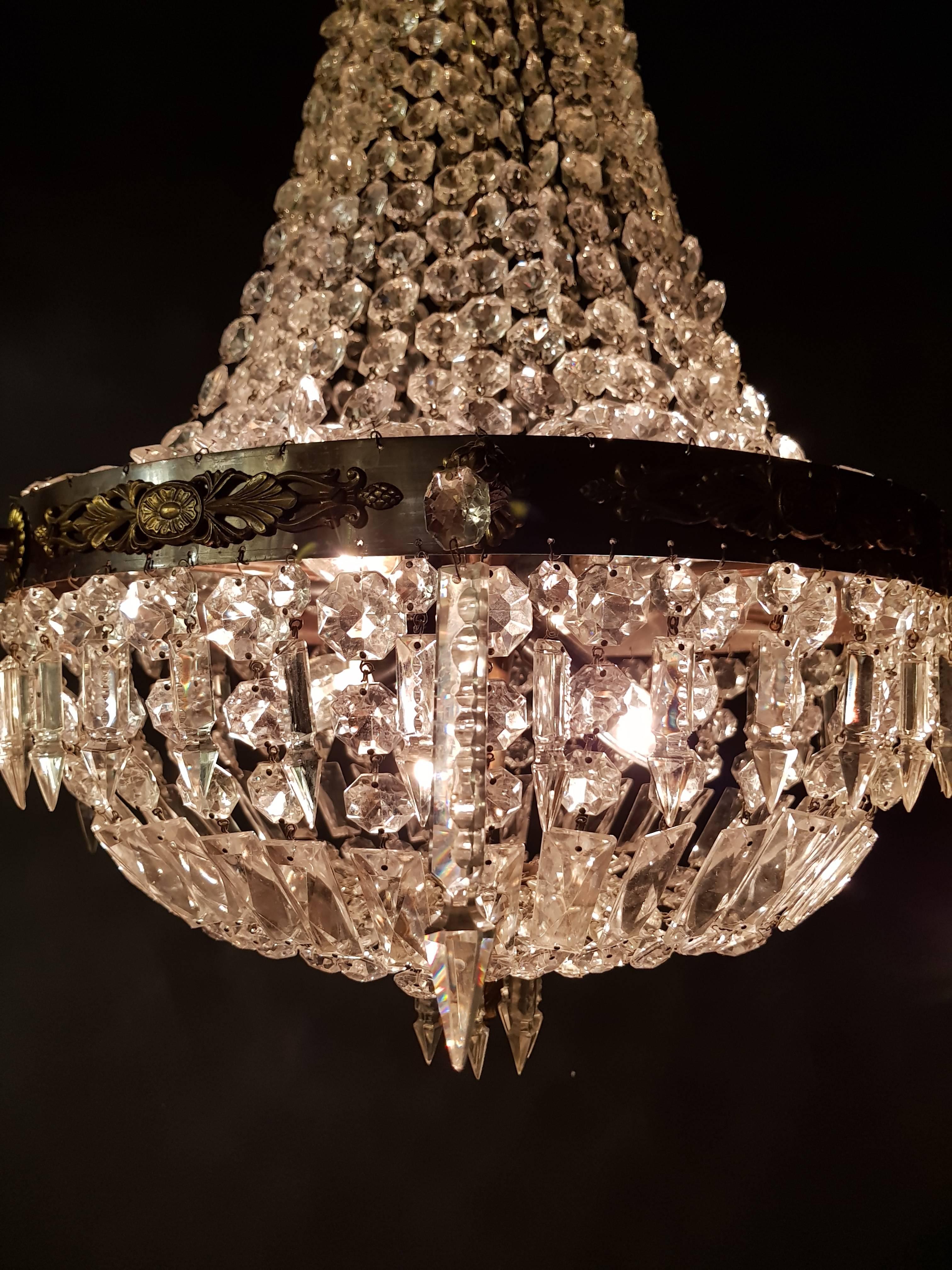 Mid-20th Century Antique Sac a Pearl Chandelier Crystal Lustre Brass Ceiling Lamp