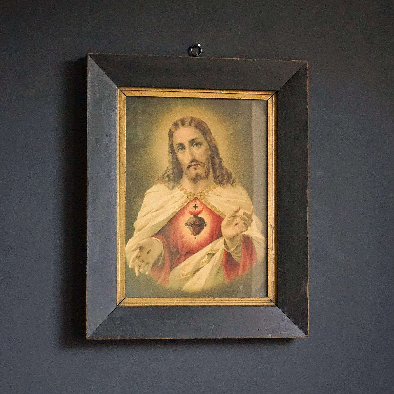 19th Century Antique Sacred Heart of Jesus Print in Ebonised Frame, Early 20th Century