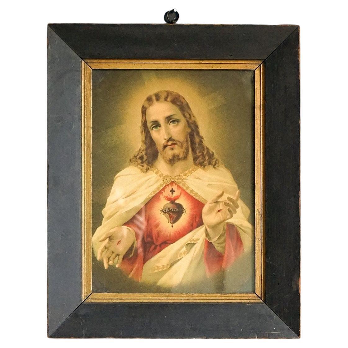 Antique Sacred Heart of Jesus Print in Ebonised Frame, Early 20th Century