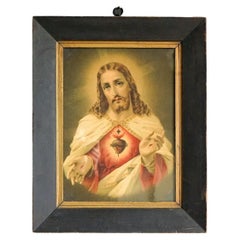 Antique Sacred Heart of Jesus Print in Ebonised Frame, Early 20th Century