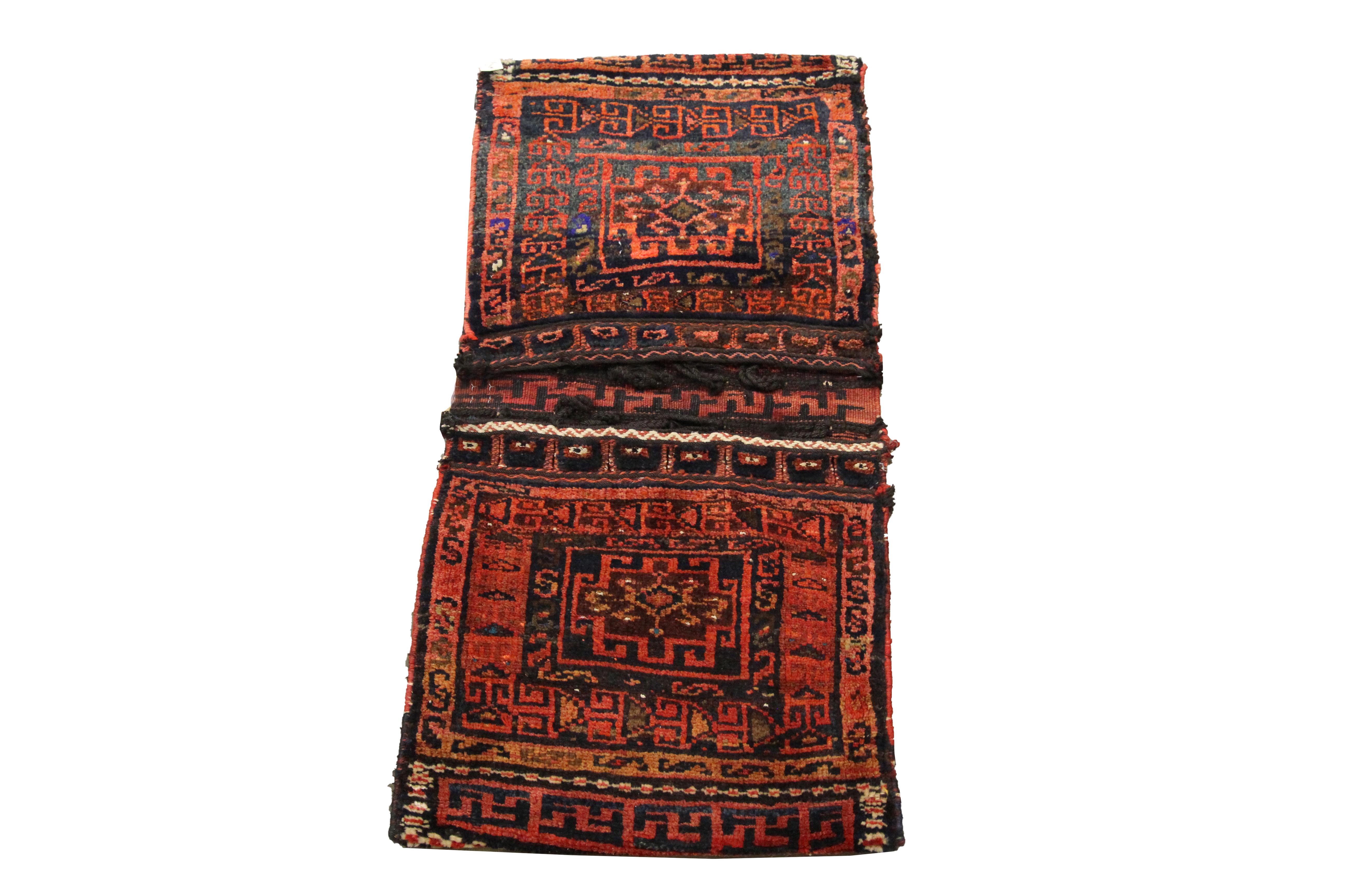 This handwoven textile is an extremely rare Khorjin rug/ saddle bag woven in the early 19th century. Saddlebags were traditionally used as storage which nomadic travellers used upon horseback. The design features a traditional geometric pattern