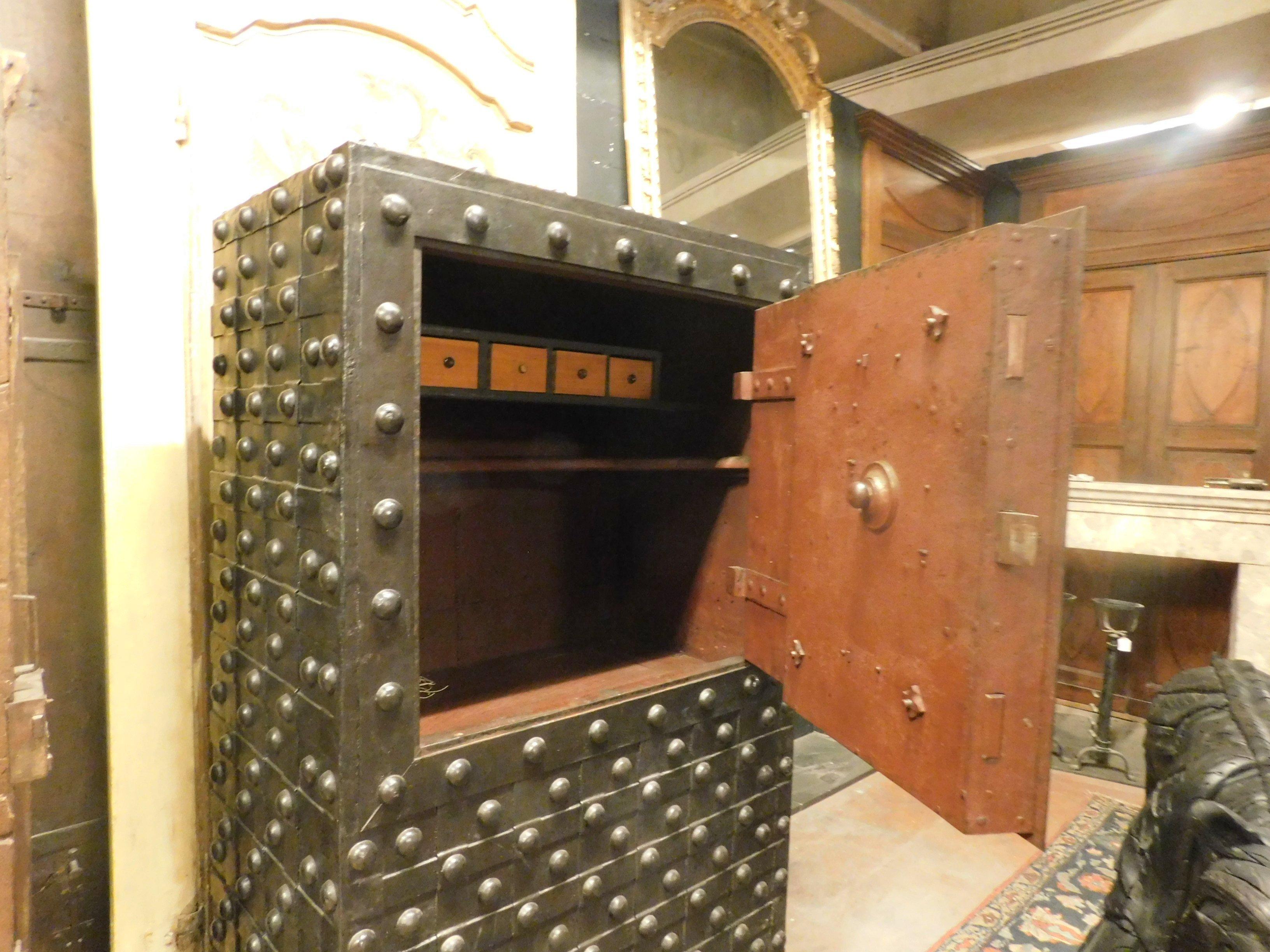 Antique Safe Strongbox in Wood and Black Iron, Studs and Nails, Late 1600, Italy 4