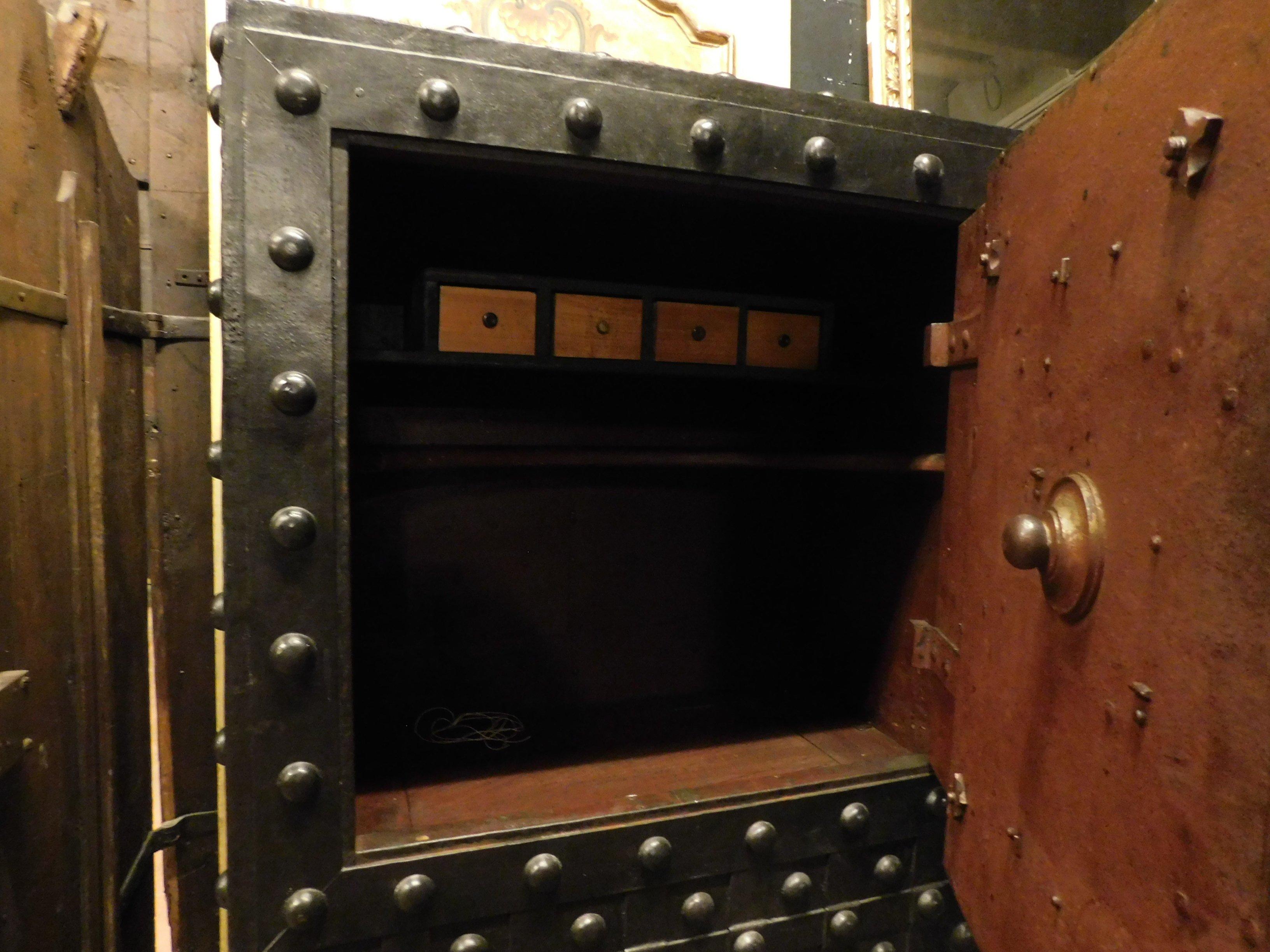Antique Safe Strongbox in Wood and Black Iron, Studs and Nails, Late 1600, Italy 5