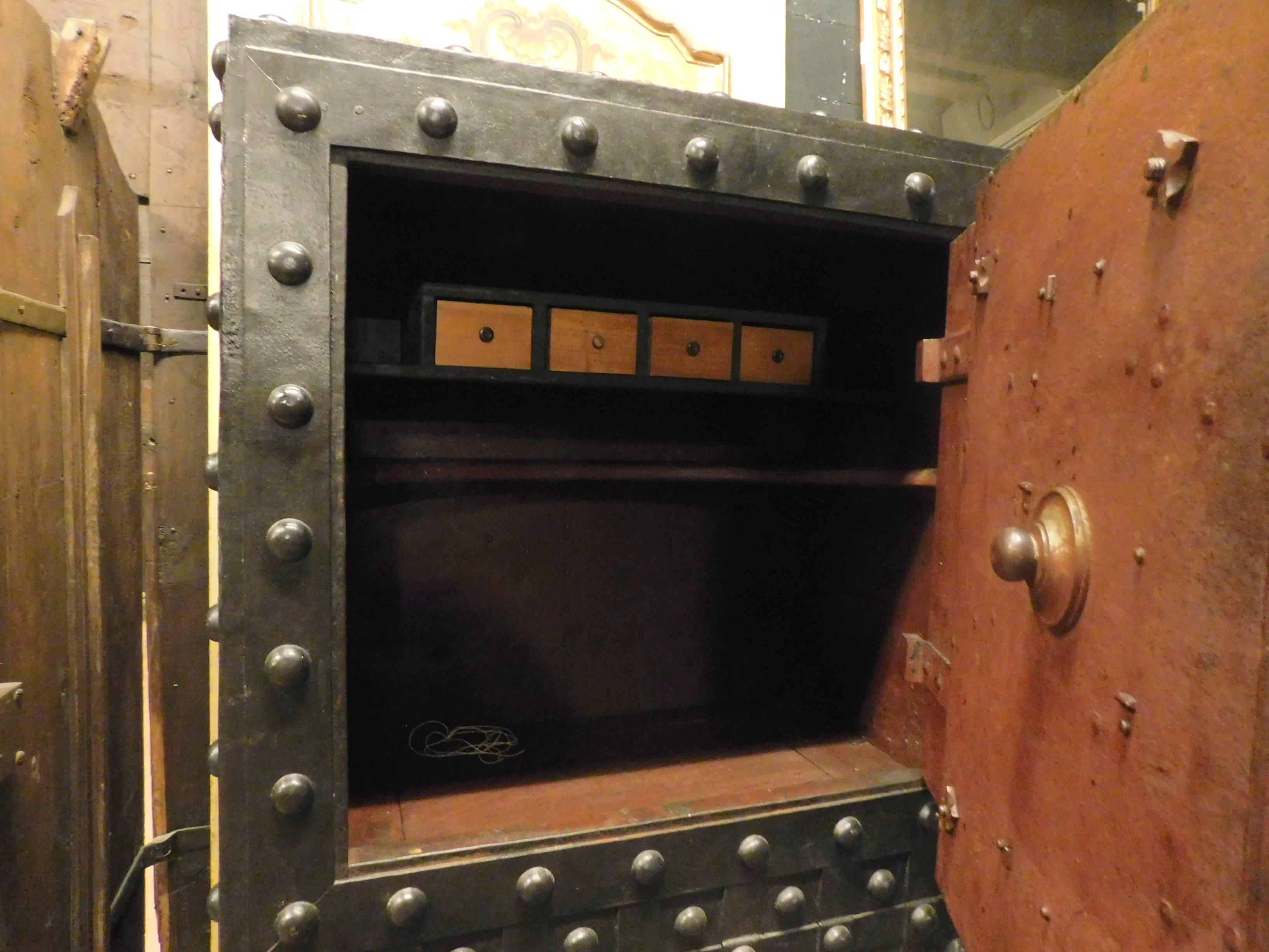 Antique Safe Strongbox in Wood and Black Iron, Studs and Nails, Late 1600, Italy 6