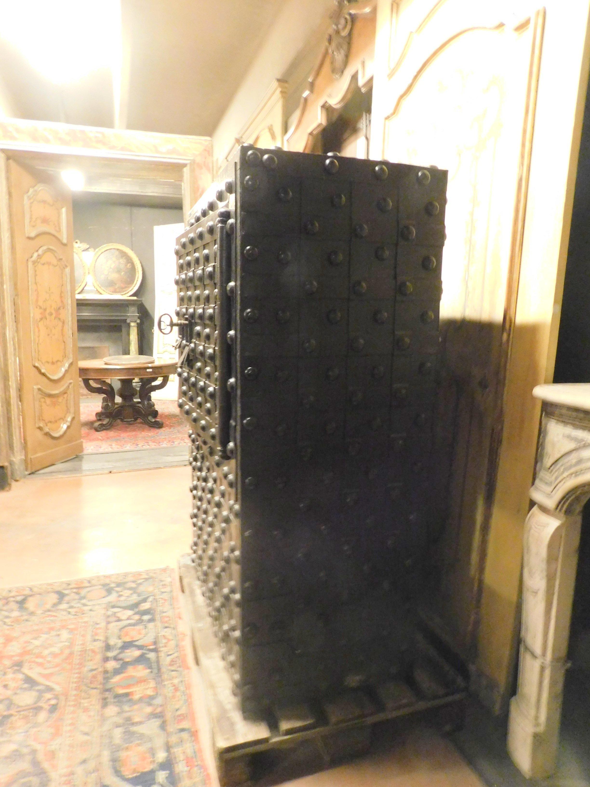 Antique Safe Strongbox in Wood and Black Iron, Studs and Nails, Late 1600, Italy 9