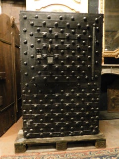 Antique Safe Strongbox in Wood and Black Iron, Studs and Nails, Late 1600, Italy
