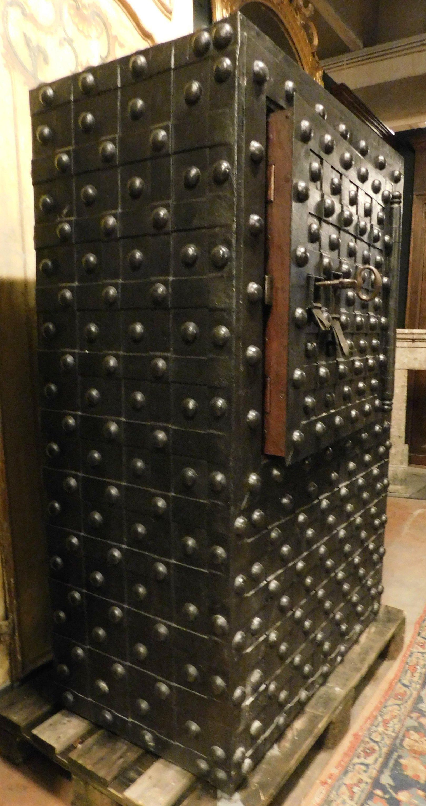 Late 17th Century Antique Safe Strongbox in Wood and Black Iron, Studs and Nails, Late 1600, Italy