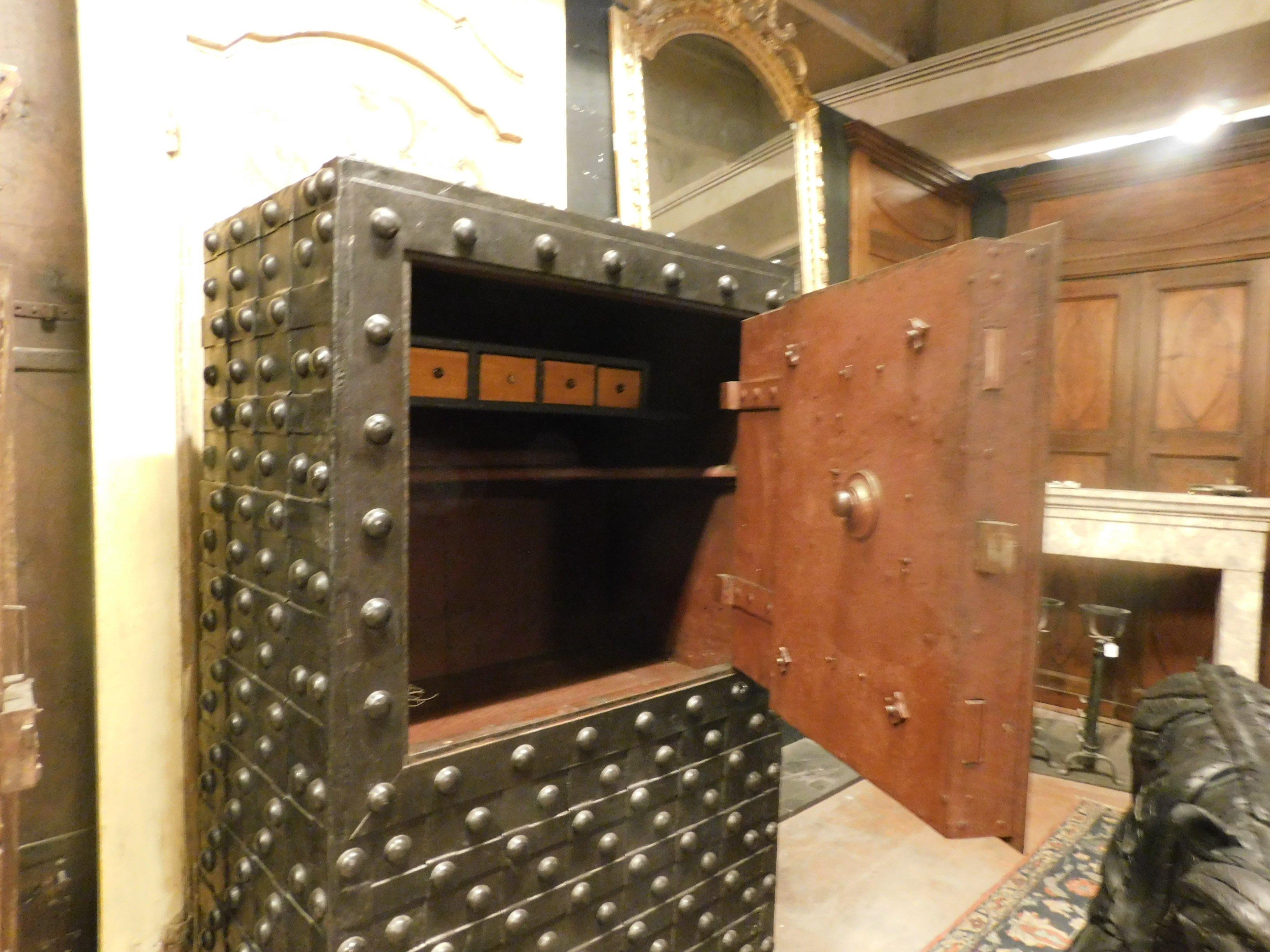 Antique Safe Strongbox in Wood and Black Iron, Studs and Nails, Late 1600, Italy 3