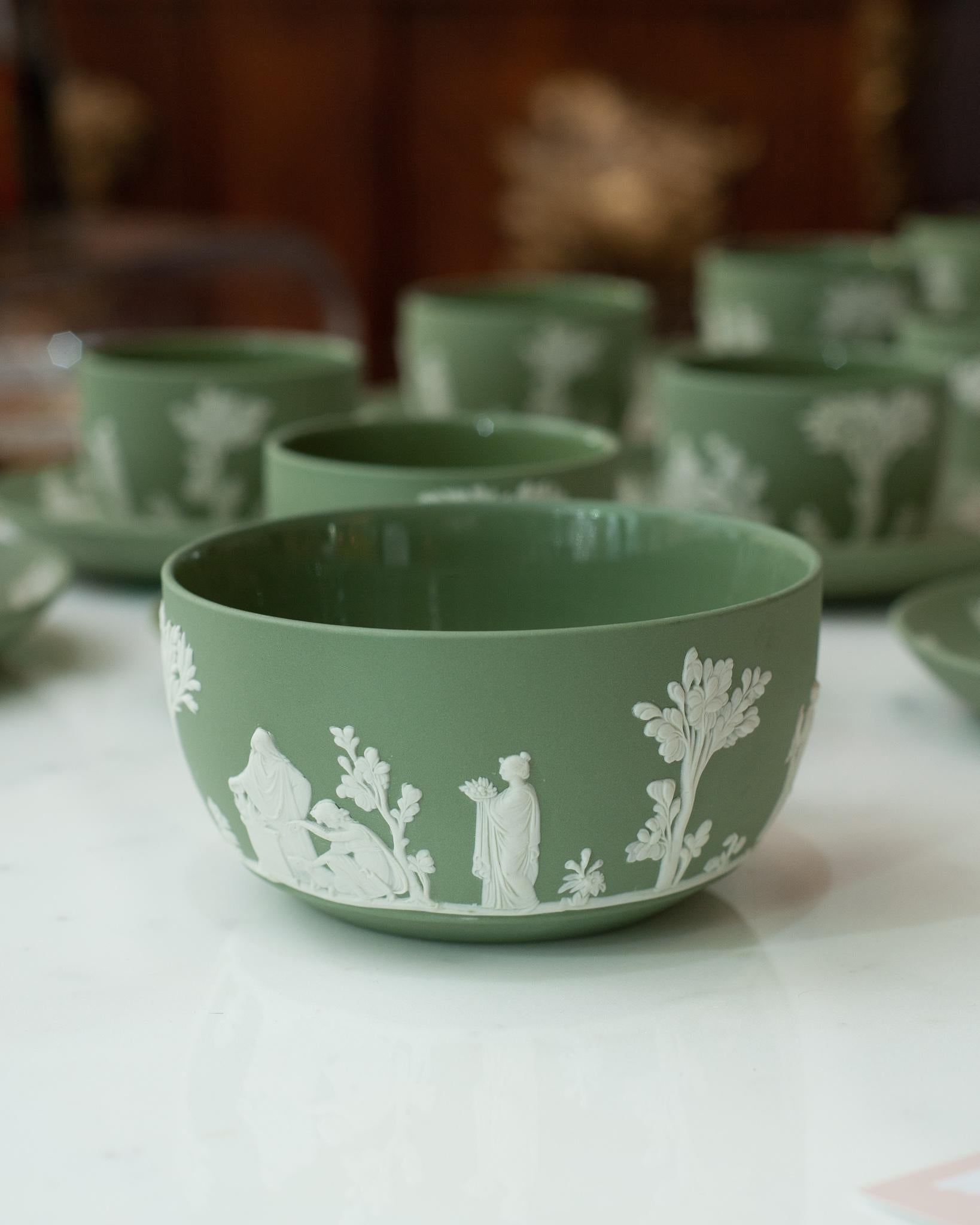 A stunning antique Wedgwood Sage Green Jasperware small bowl with white overlay.