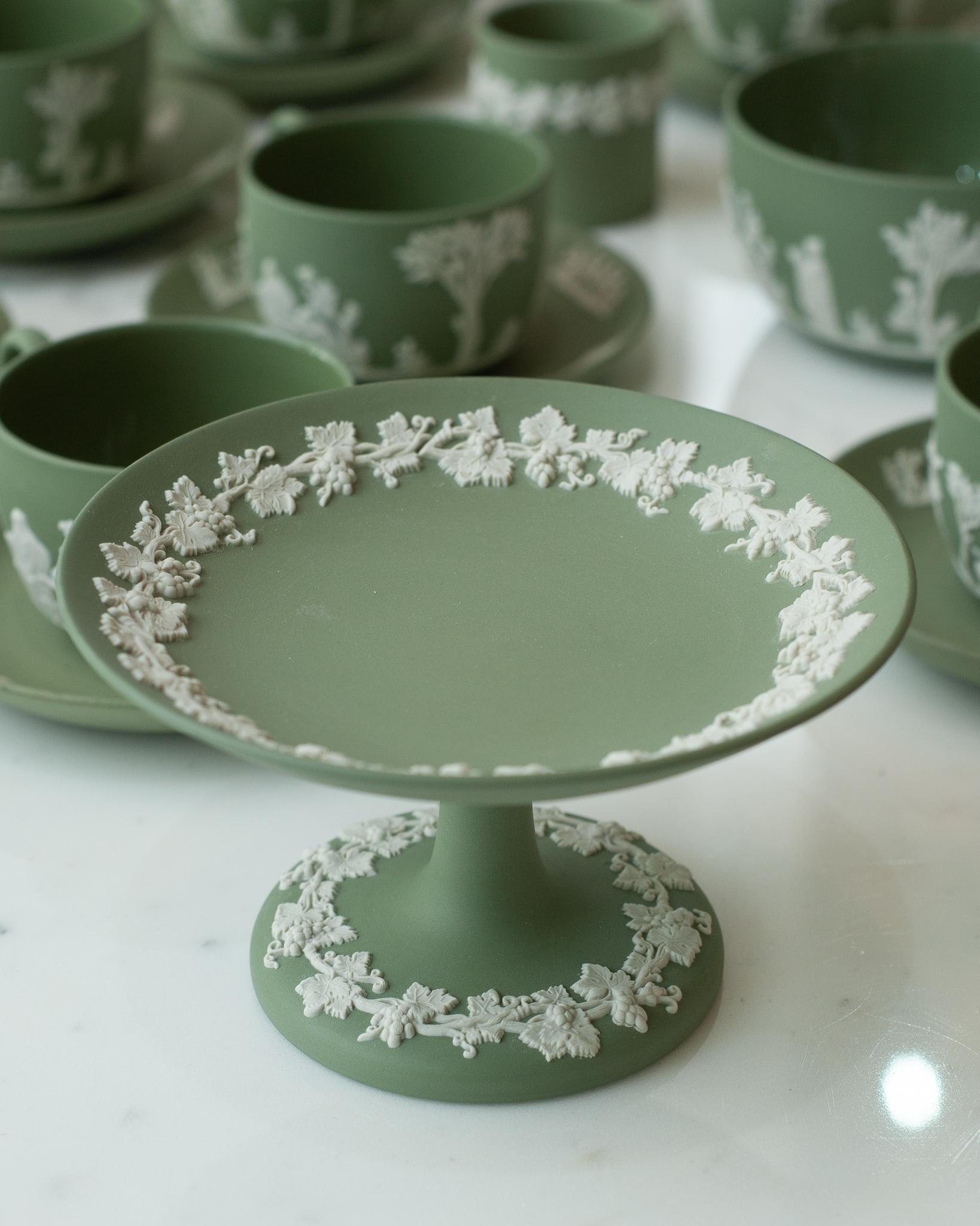 A stunning antique Wedgwood Sage Green Jasperware small tazza with white overlay.