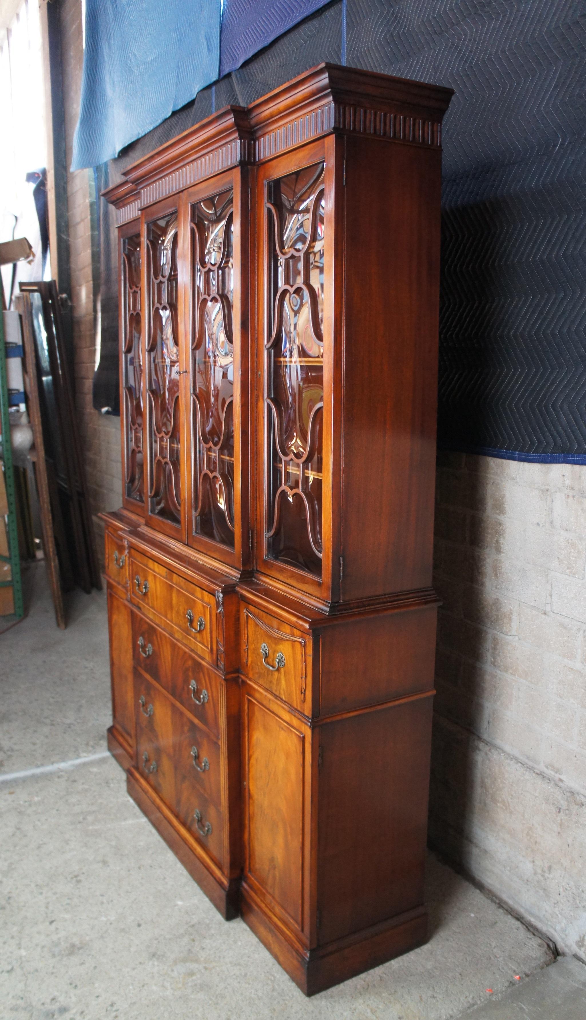 20th Century Antique Saginaw Flame Mahogany Breakfront China Cabinet Butler Secretary Desk