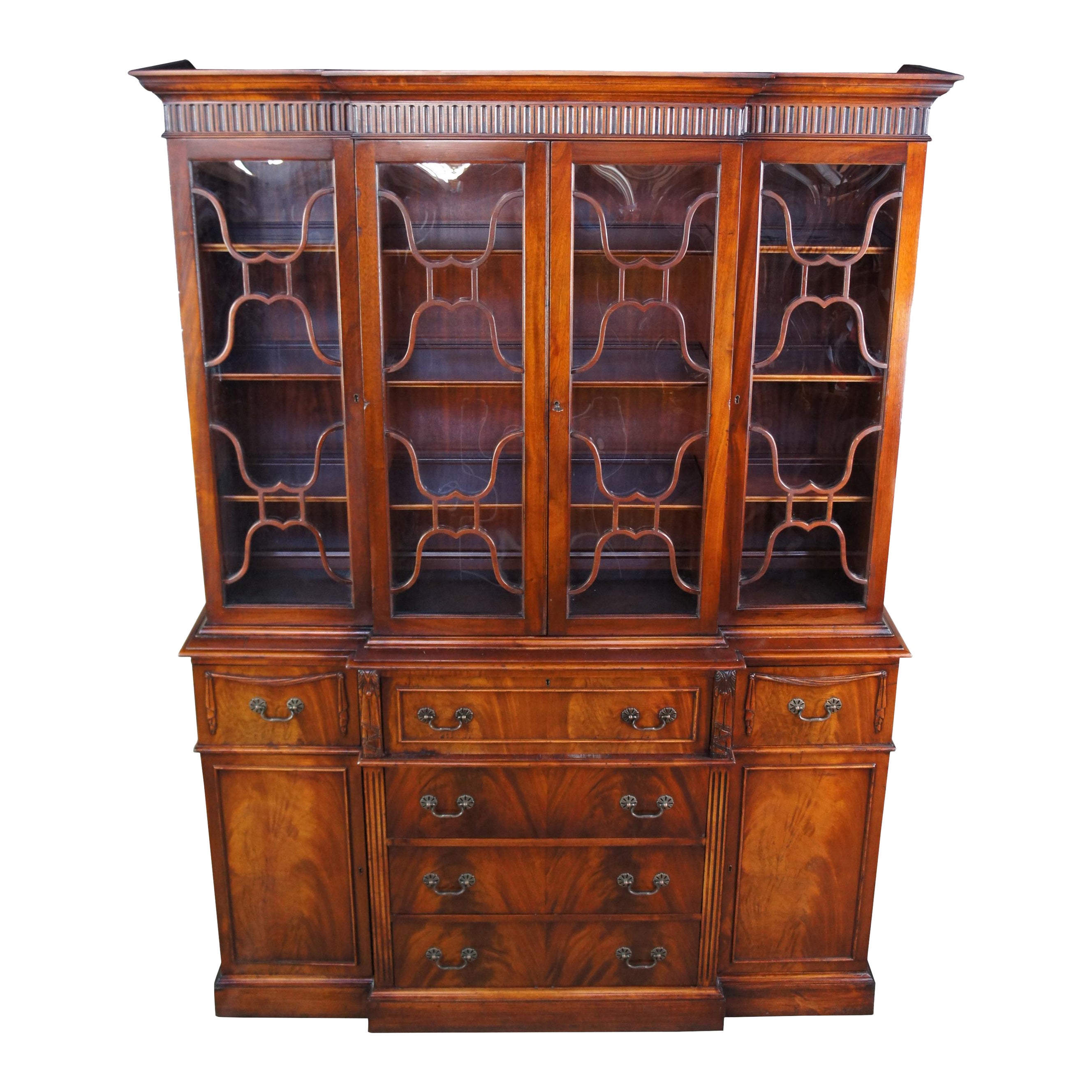 Antique Saginaw Flame Mahogany Breakfront China Cabinet Butler Secretary Desk