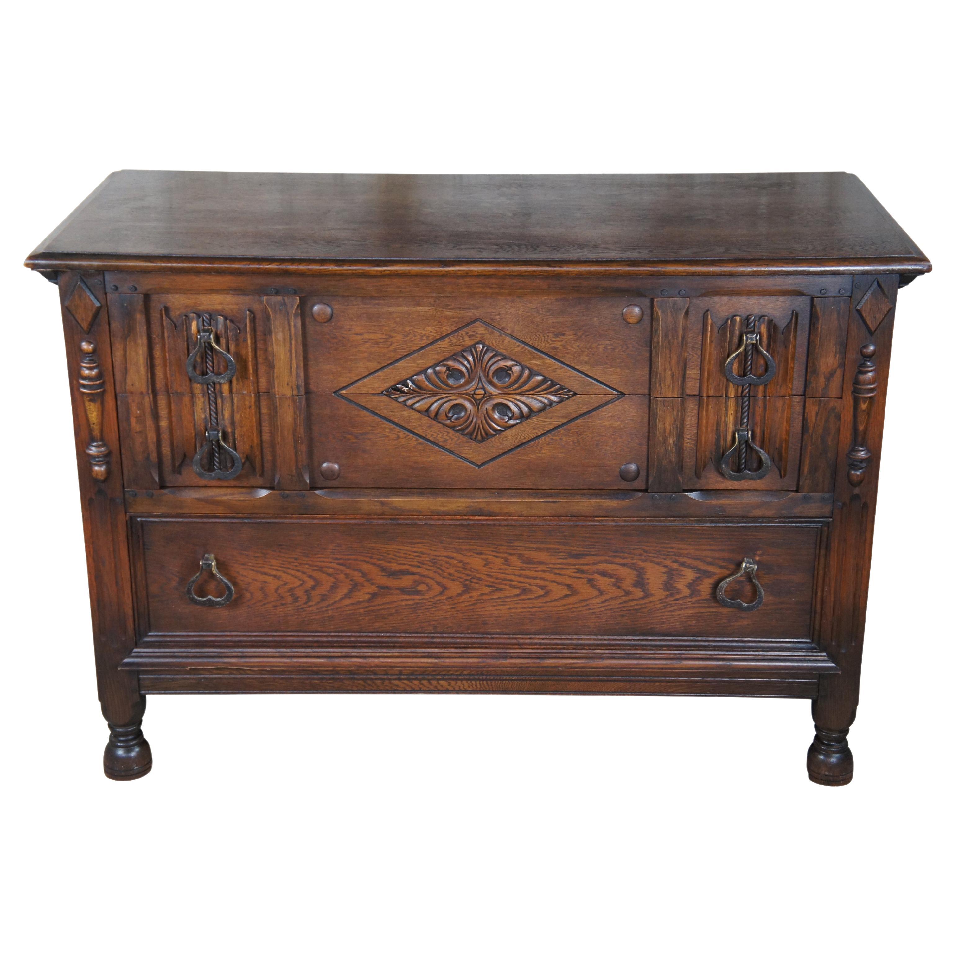 Antique Saginaw Furniture Jacobean Spanish Revival Oak Lowboy Dresser Chest 50"
