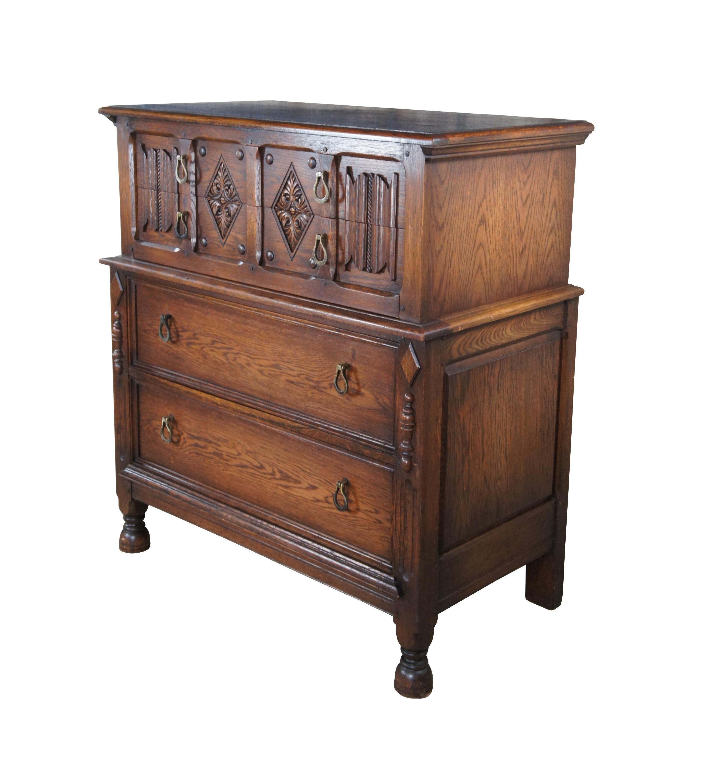 Spanish Colonial Antique Saginaw Furniture Jacobean Spanish Revival Oak Tallboy Dresser Chest 44