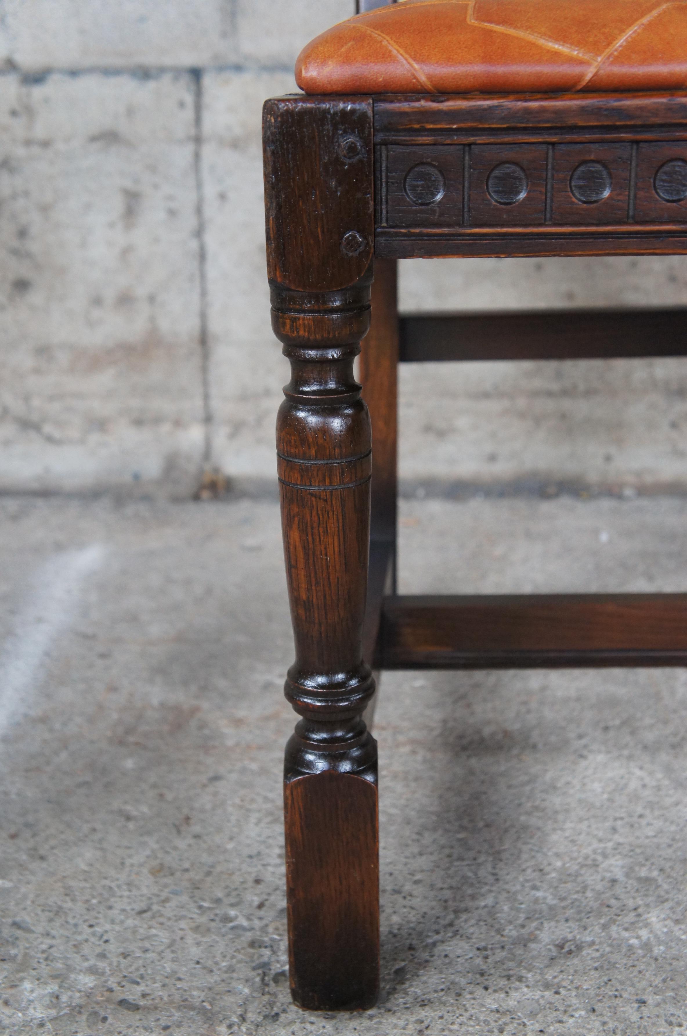 Antique Saginaw Furniture Jacobean Spanish Revival Orange Leather Oak Side Chair For Sale 6