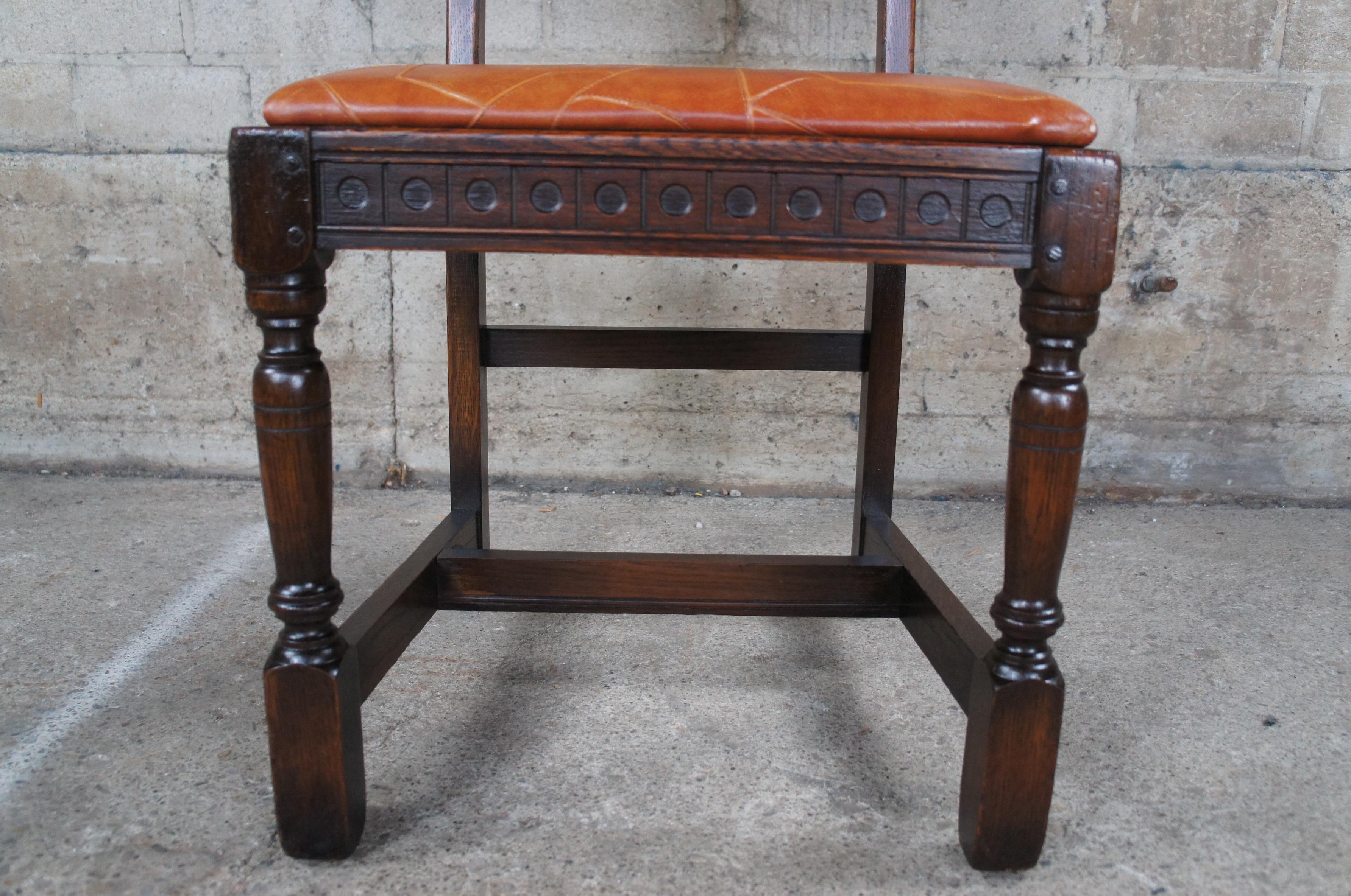 Antique Saginaw Furniture Jacobean Spanish Revival Orange Leather Oak Side Chair For Sale 7