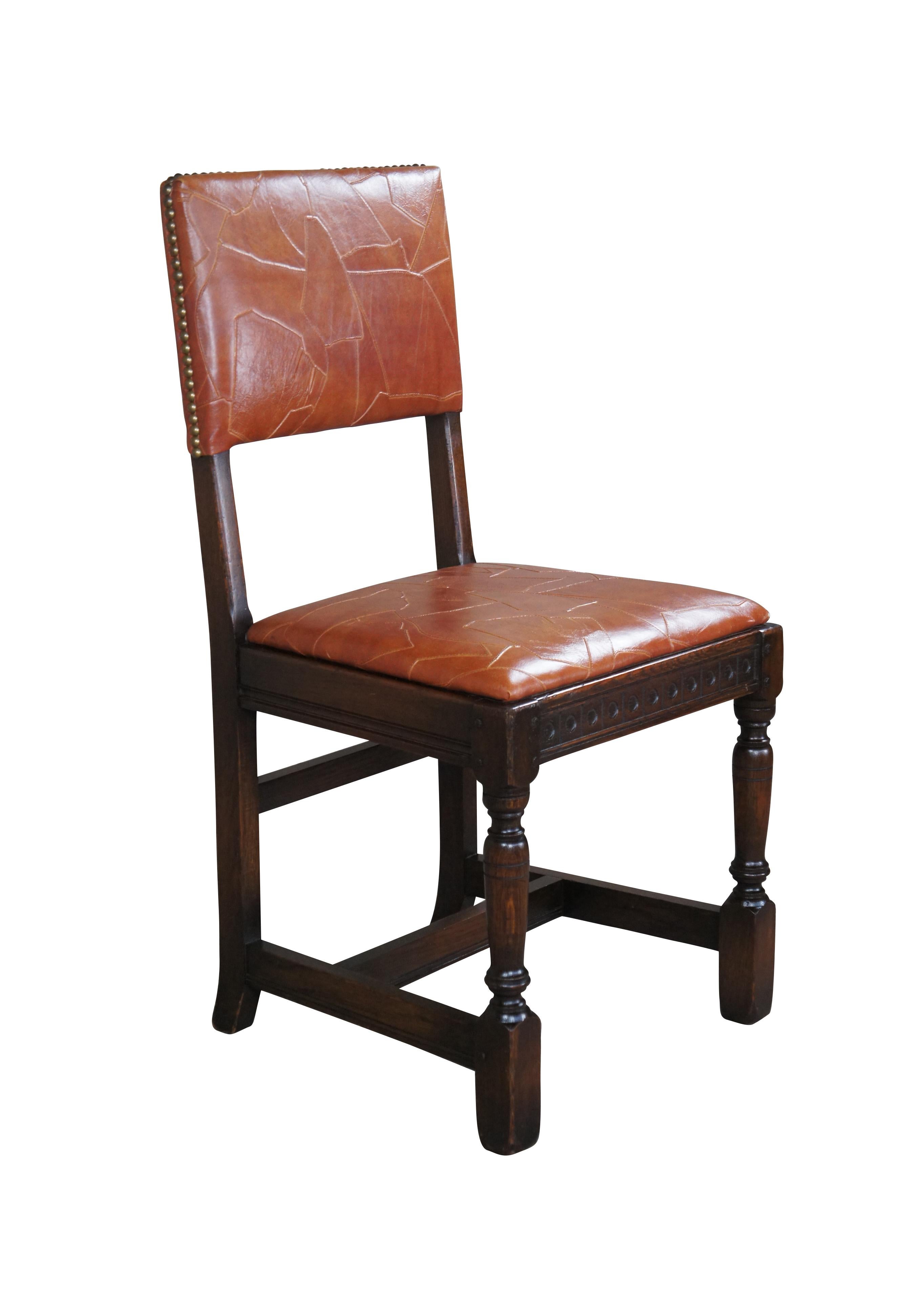 Spanish Colonial Antique Saginaw Furniture Jacobean Spanish Revival Orange Leather Oak Side Chair For Sale