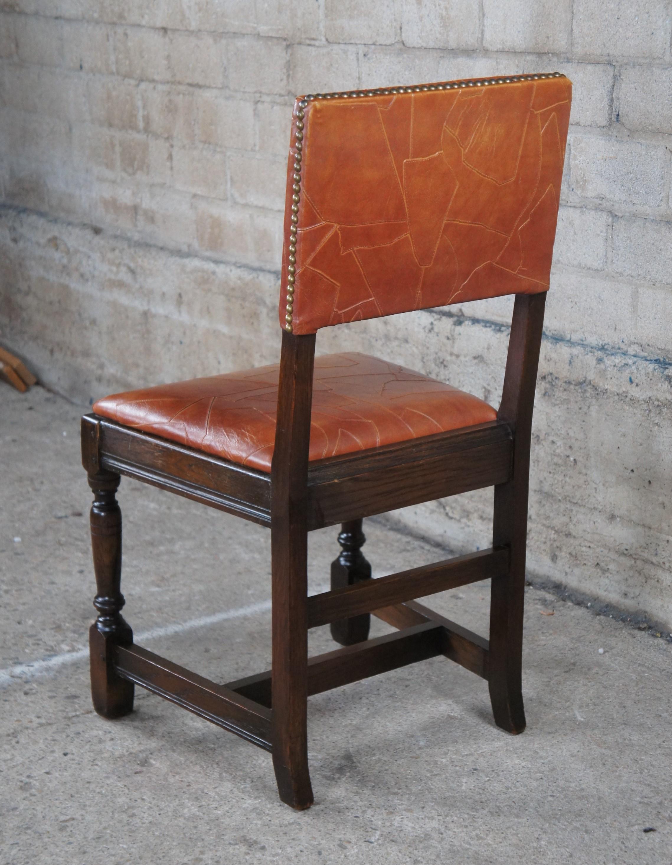 Antique Saginaw Furniture Jacobean Spanish Revival Orange Leather Oak Side Chair For Sale 1
