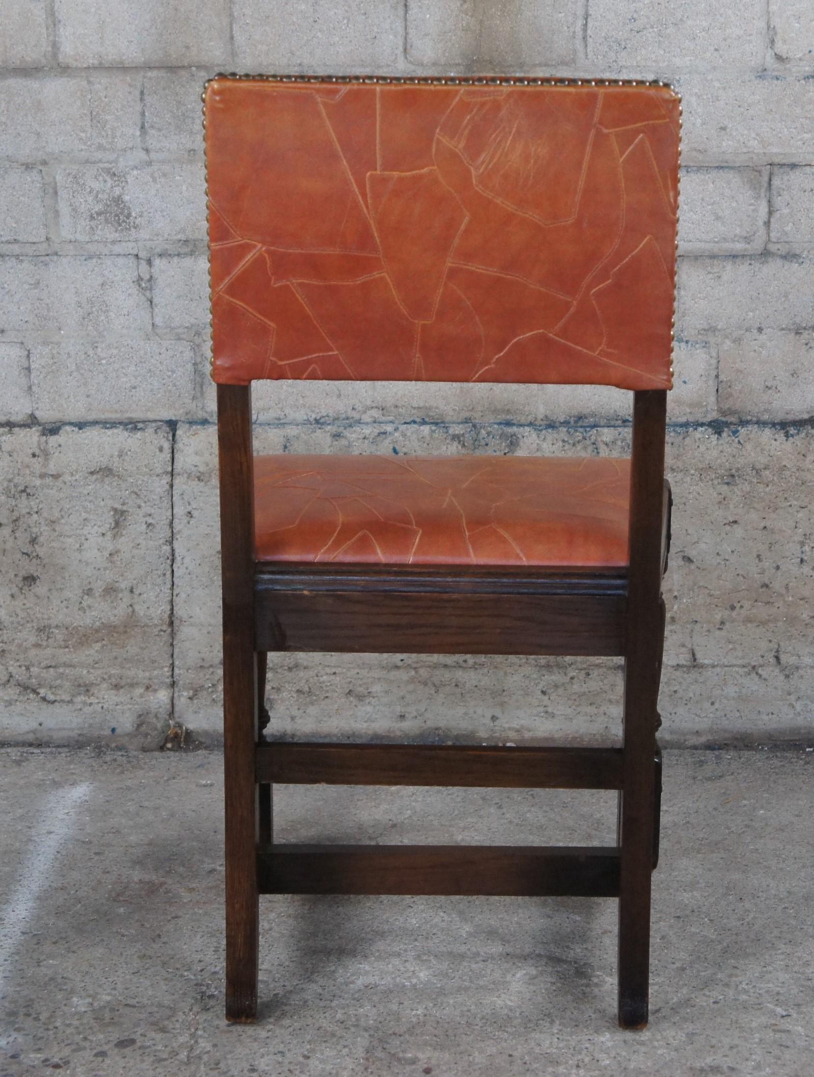 Antique Saginaw Furniture Jacobean Spanish Revival Orange Leather Oak Side Chair For Sale 2