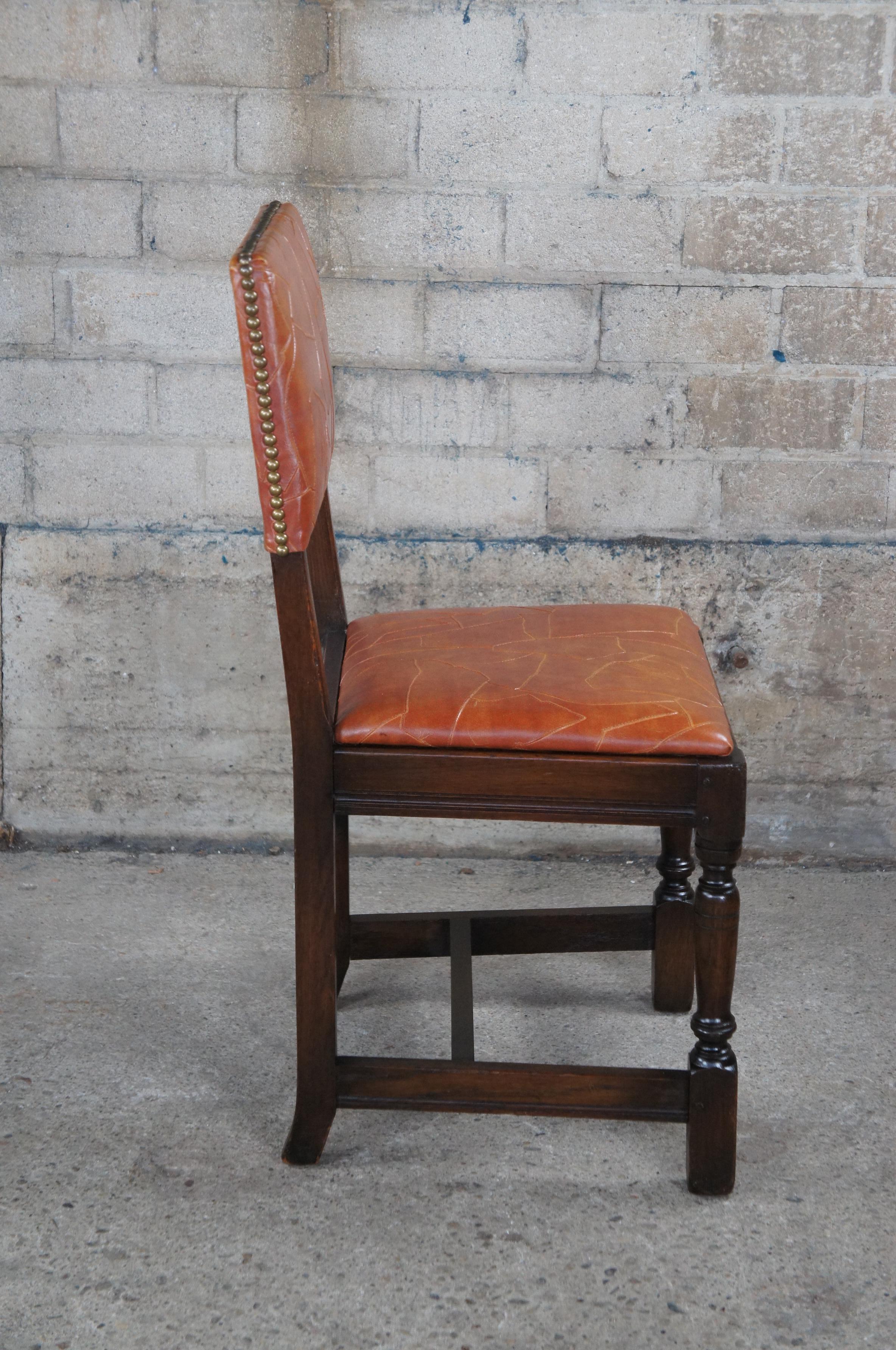 Antique Saginaw Furniture Jacobean Spanish Revival Orange Leather Oak Side Chair For Sale 3