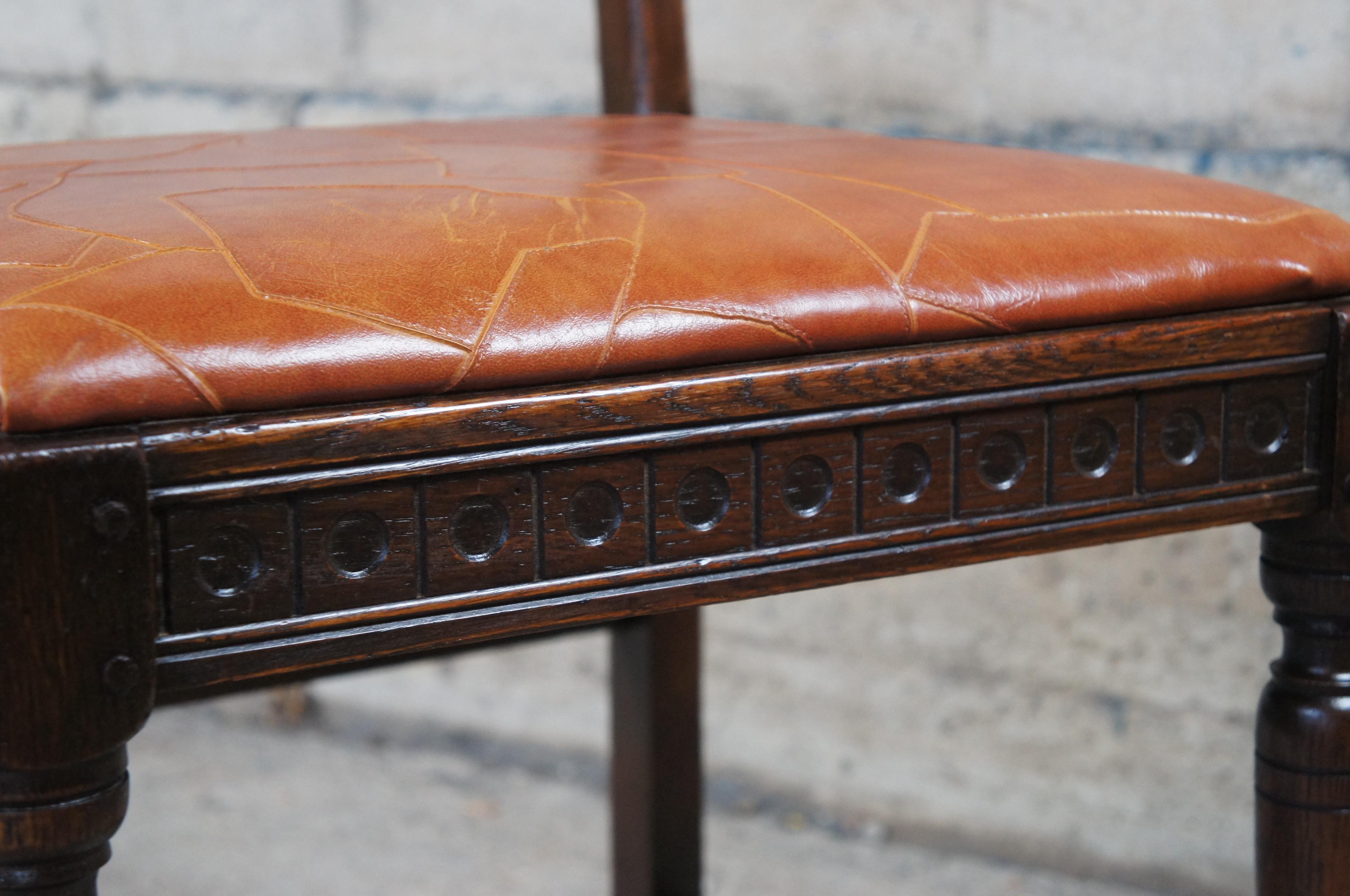 Antique Saginaw Furniture Jacobean Spanish Revival Orange Leather Oak Side Chair For Sale 4