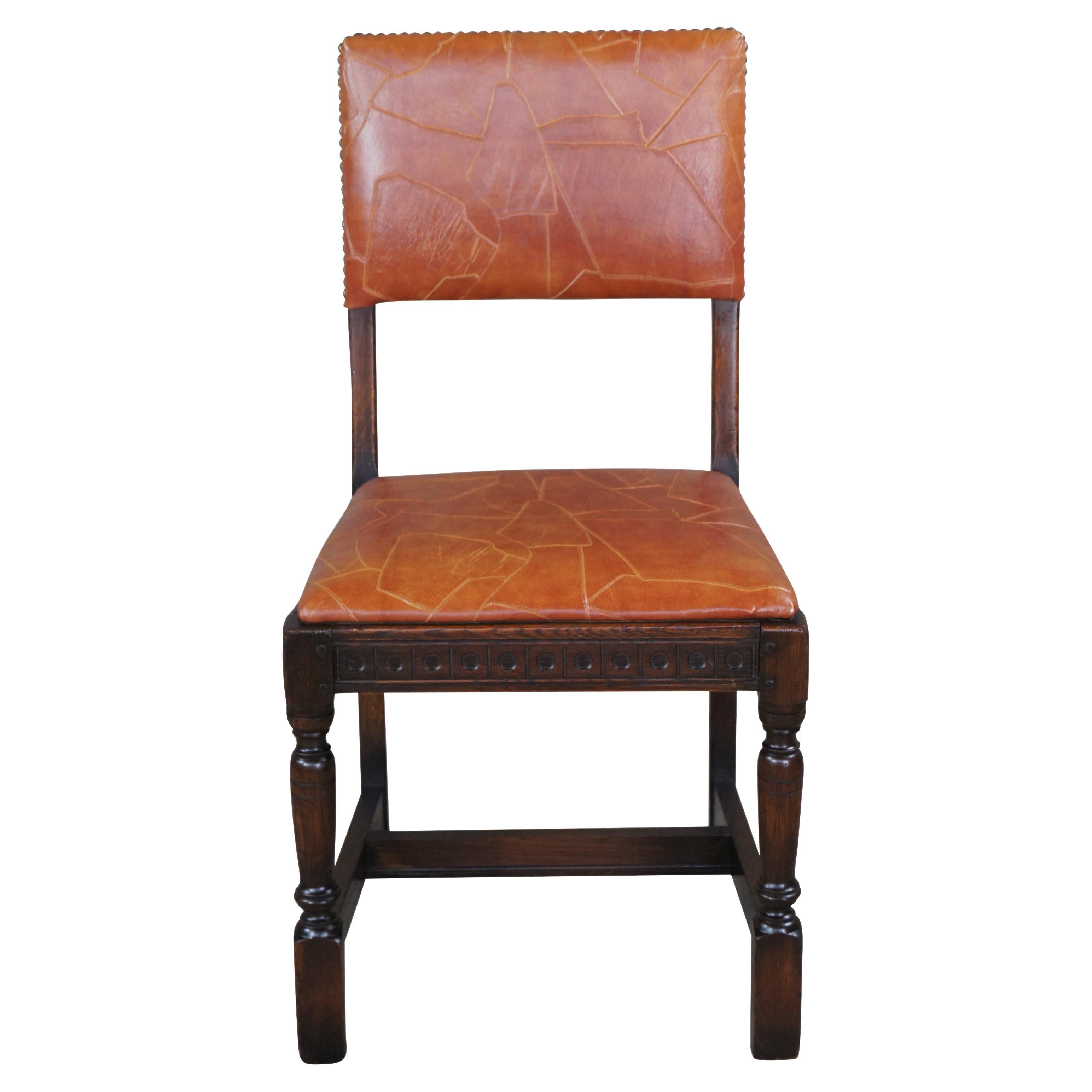 Antique Saginaw Furniture Jacobean Spanish Revival Orange Leather Oak Side Chair For Sale