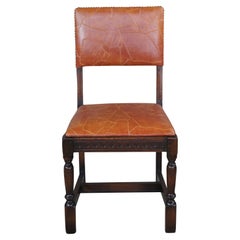 Antique Saginaw Furniture Jacobean Spanish Revival Orange Leather Oak Side Chair