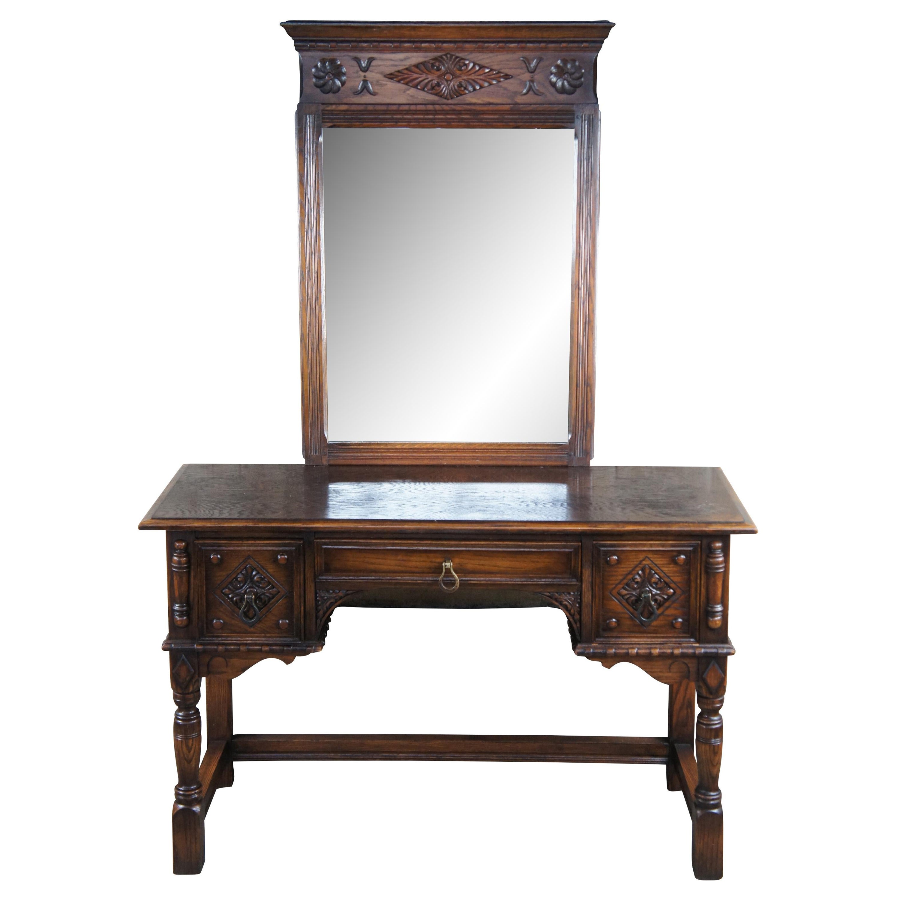 Antique Saginaw Jacobean Spanish Revival Oak Vanity Dressing Table Writing Desk