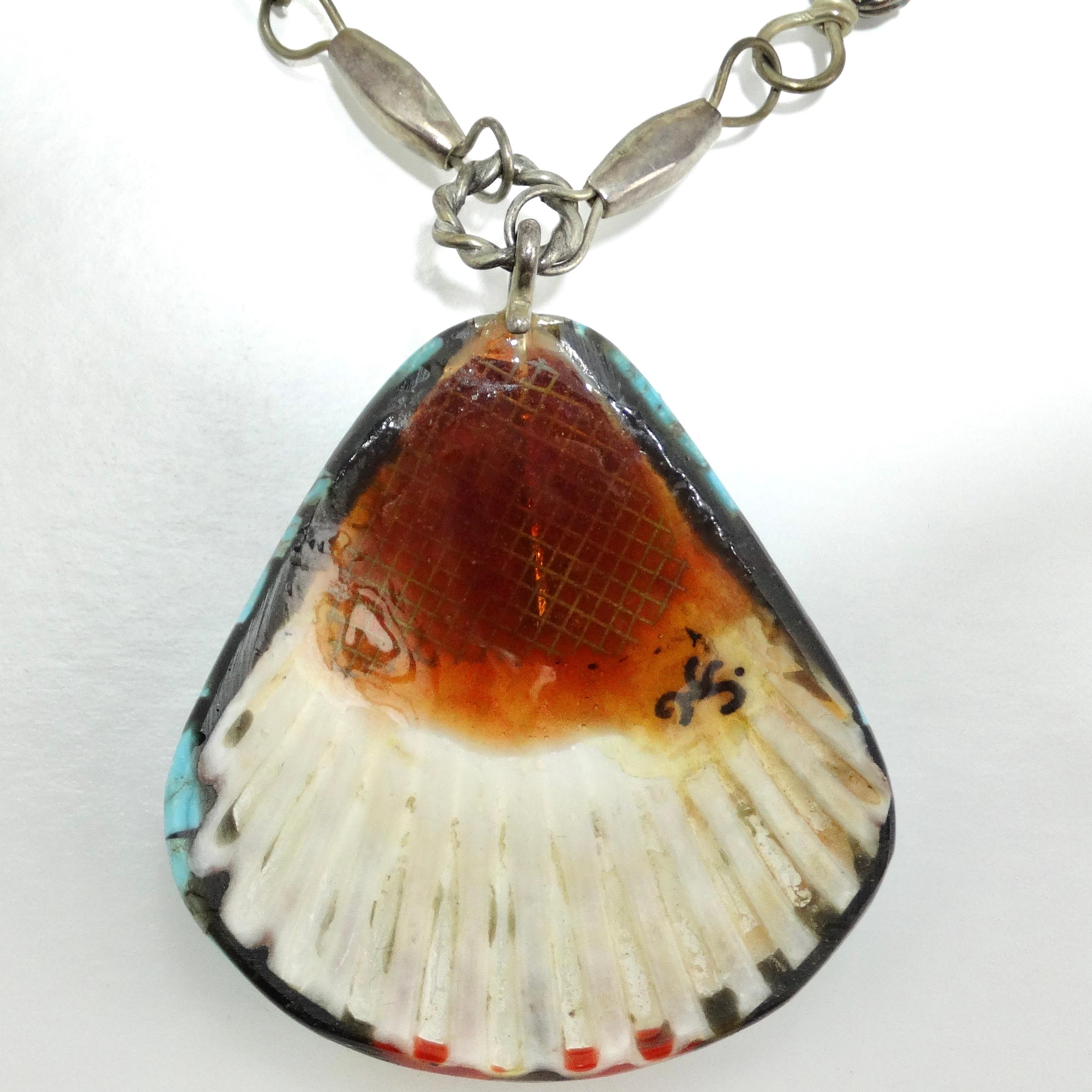 Antique Saguaro Traders Turquoise Sea Shell Silver Pendant Necklace For Sale 8