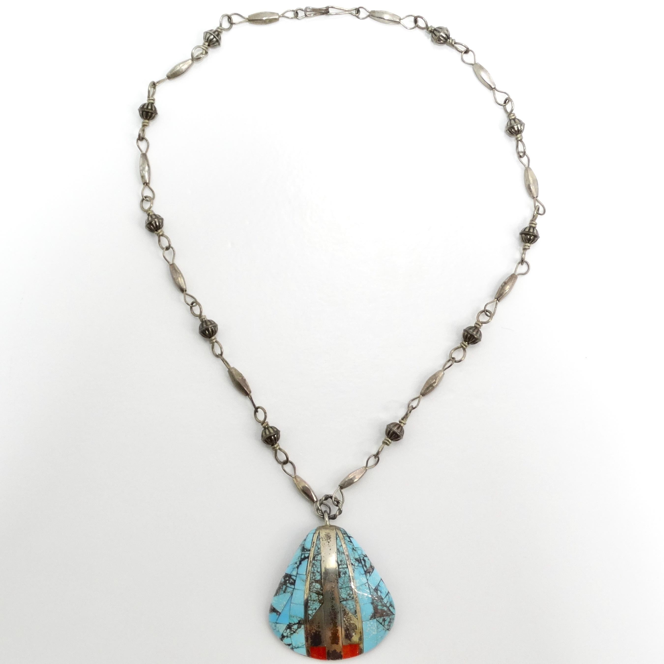Women's or Men's Antique Saguaro Traders Turquoise Sea Shell Silver Pendant Necklace For Sale
