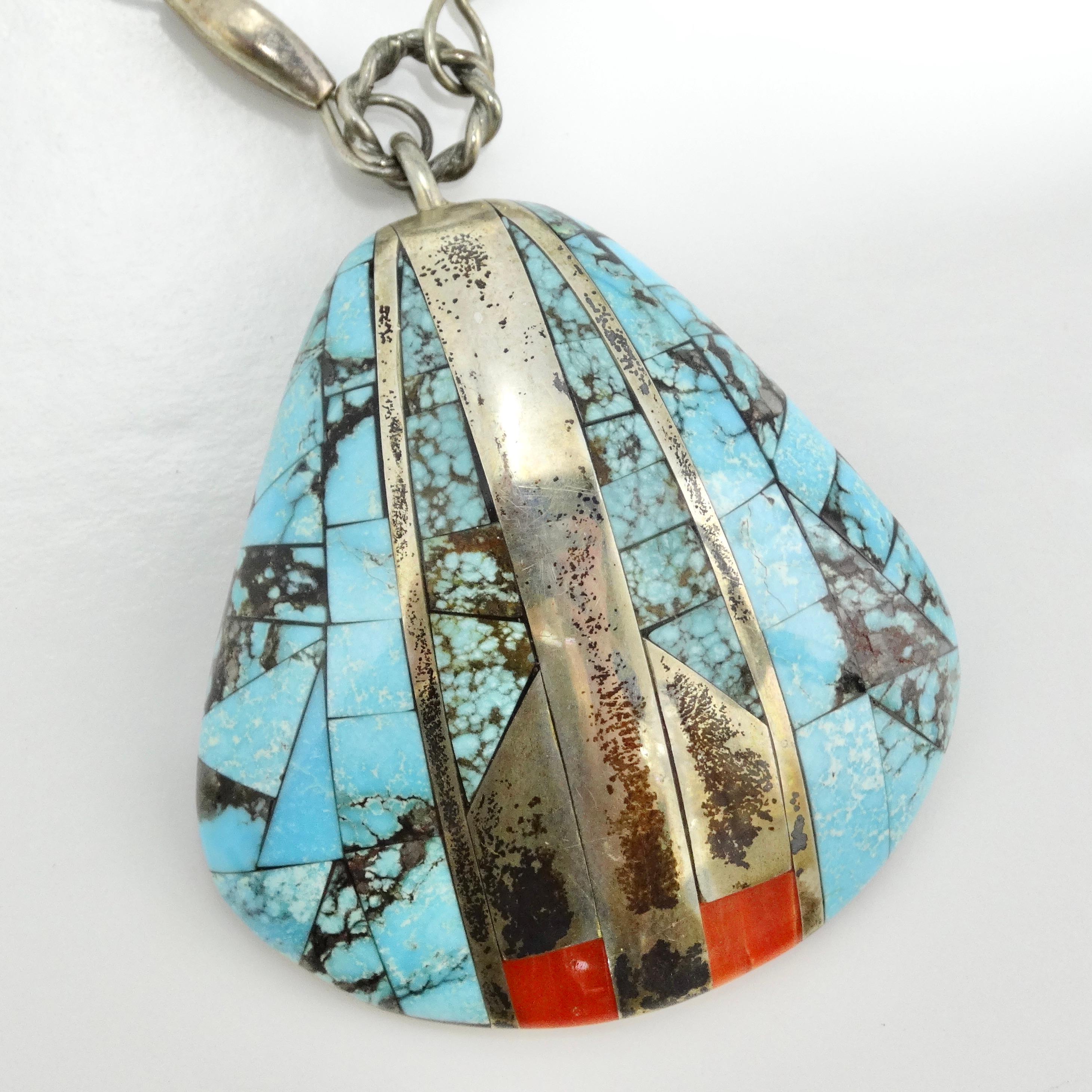 Antique Saguaro Traders Turquoise Sea Shell Silver Pendant Necklace For Sale 1