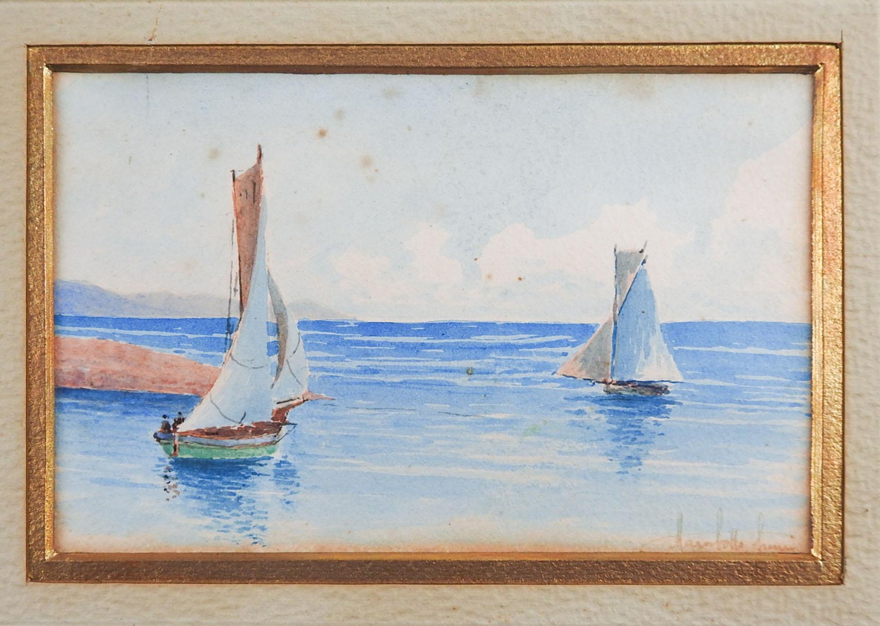 Circa 1910 watercolor on paper set of 3 sailboats.  Signed illegibly lower right corner.  Displayed together under original mat with period oak frame.  Each painting is 5.25