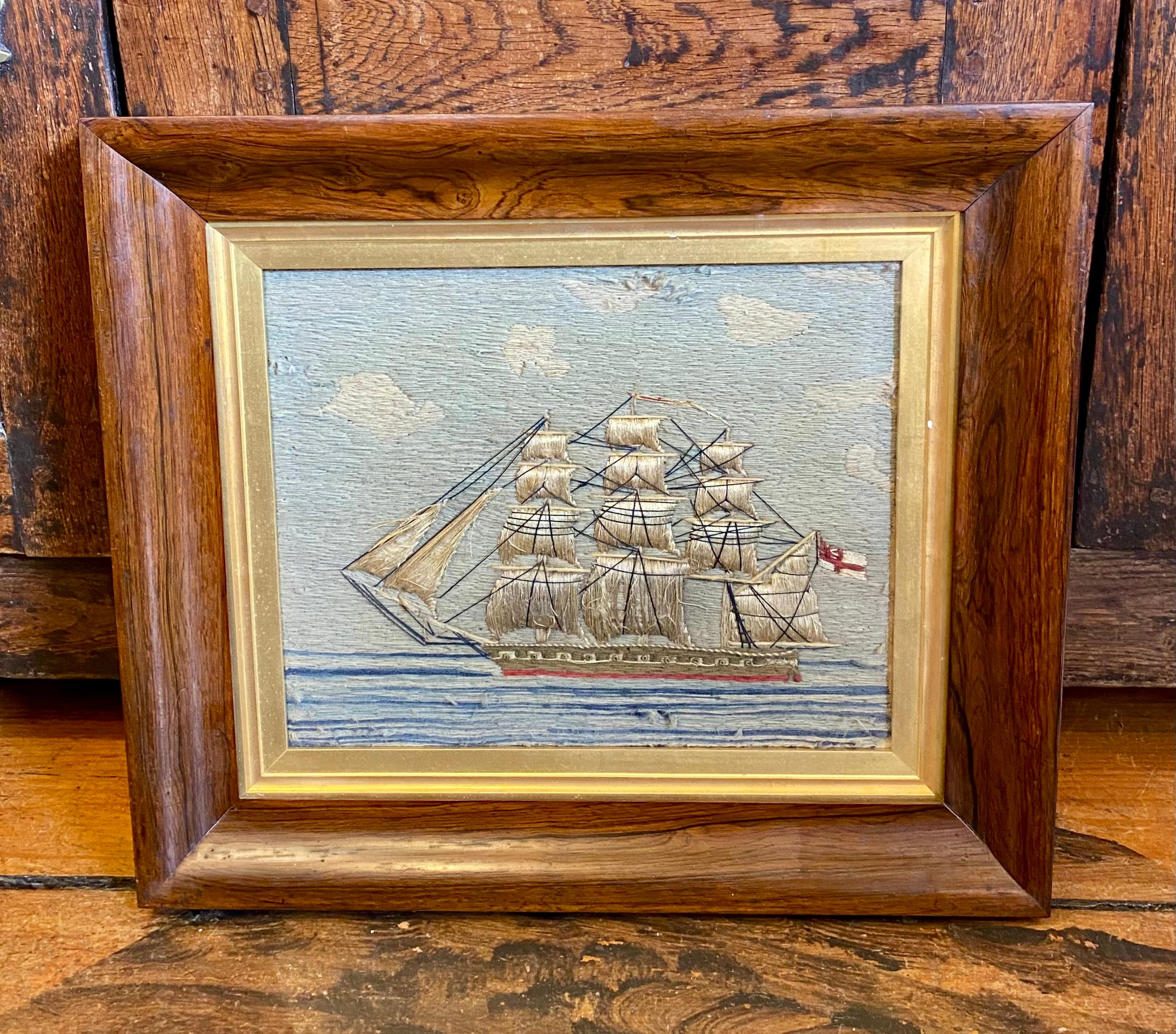 Lana antigua de arte popular marinero de un buque de línea de una sola cubierta, hacia 1850 Arte popular
