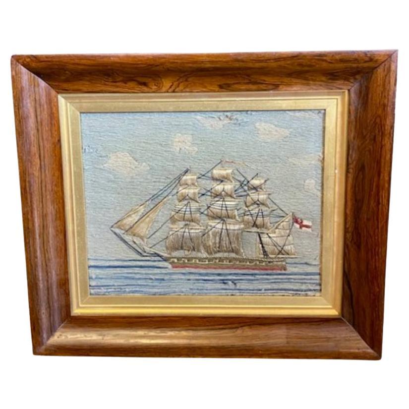 Lana antigua de arte popular marinero de un buque de línea de una sola cubierta, hacia 1850