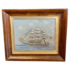 Lana antigua de arte popular marinero de un buque de línea de una sola cubierta, hacia 1850