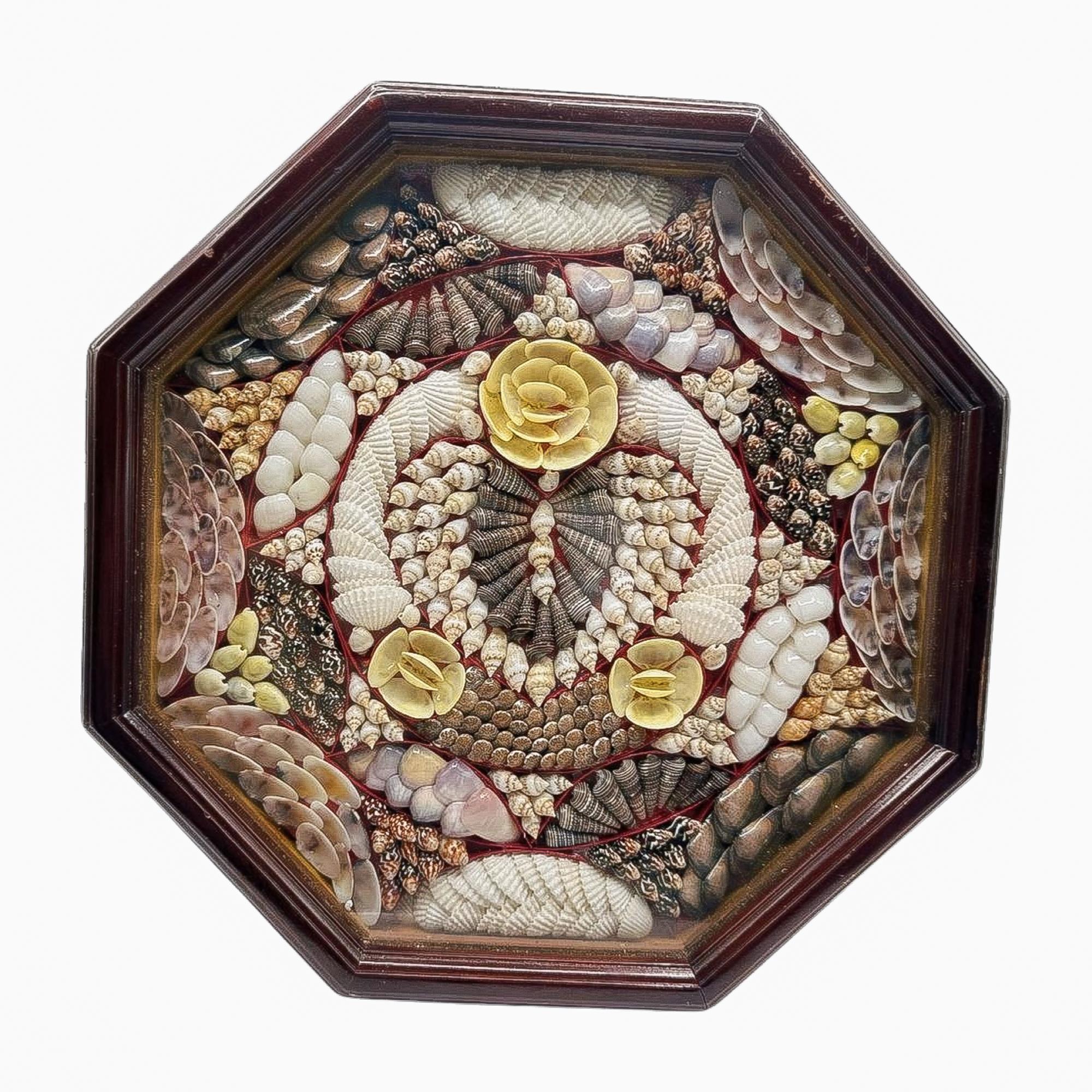 Traditionally associated with Barbados in the West Indies, this late 19th-century Sailor’s Valentine is a finely preserved example of shellwork folk art. Composed of hundreds of natural seashells arranged in an intricate geometric pattern with