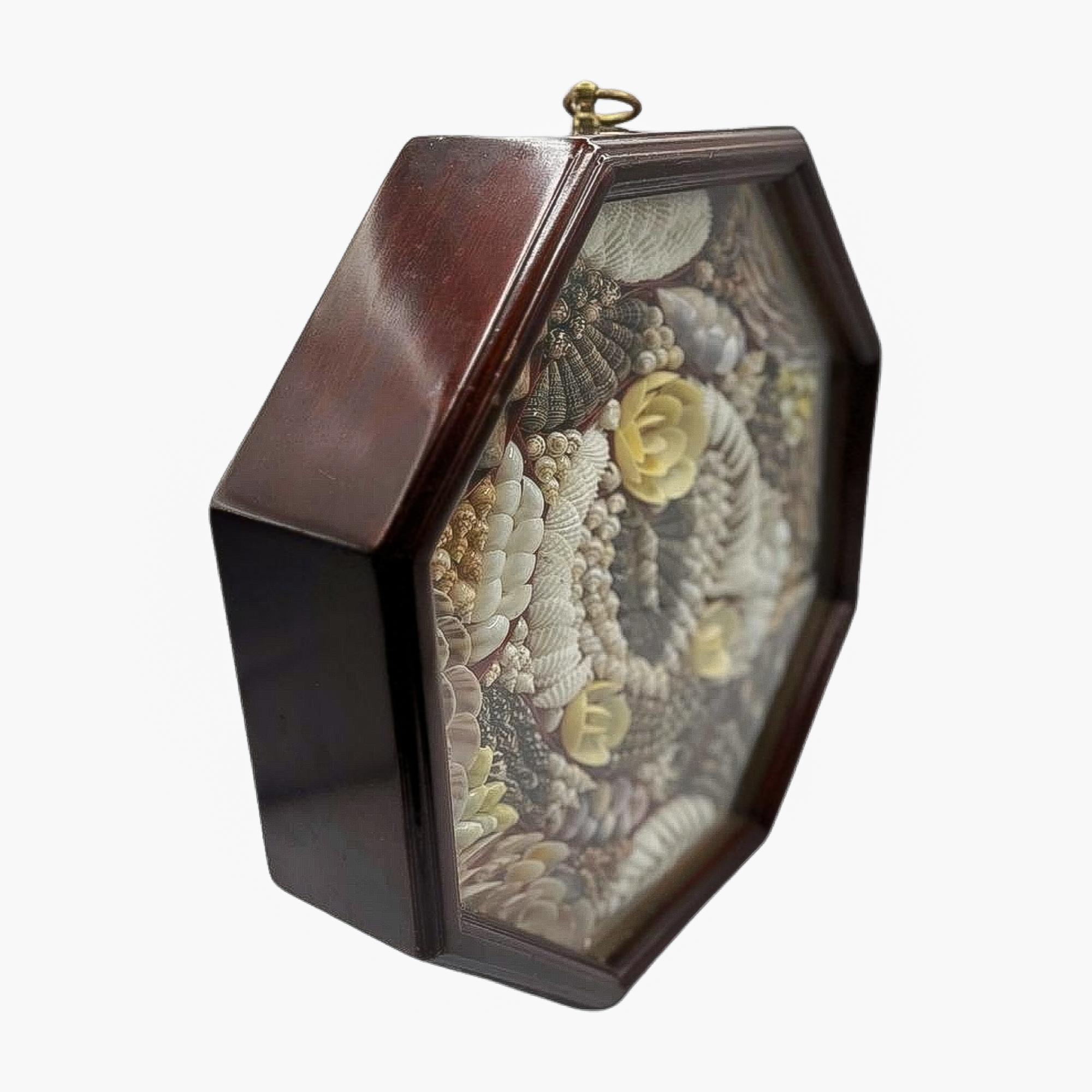 Folk Art Antique Sailor’s Valentine Shellwork in Octagonal Wooden Case For Sale