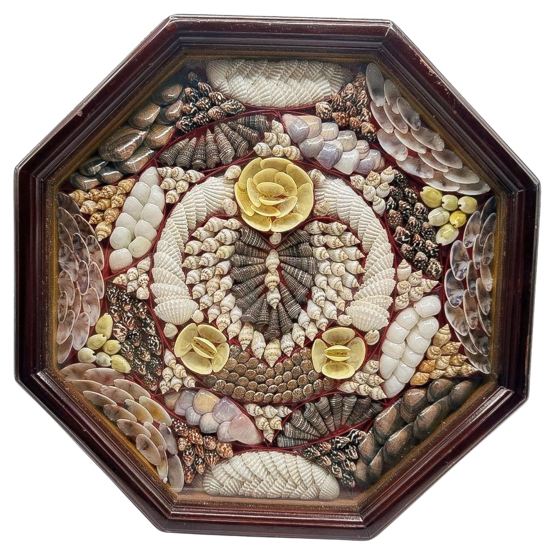 Antique Sailor’s Valentine Shellwork in Octagonal Wooden Case For Sale