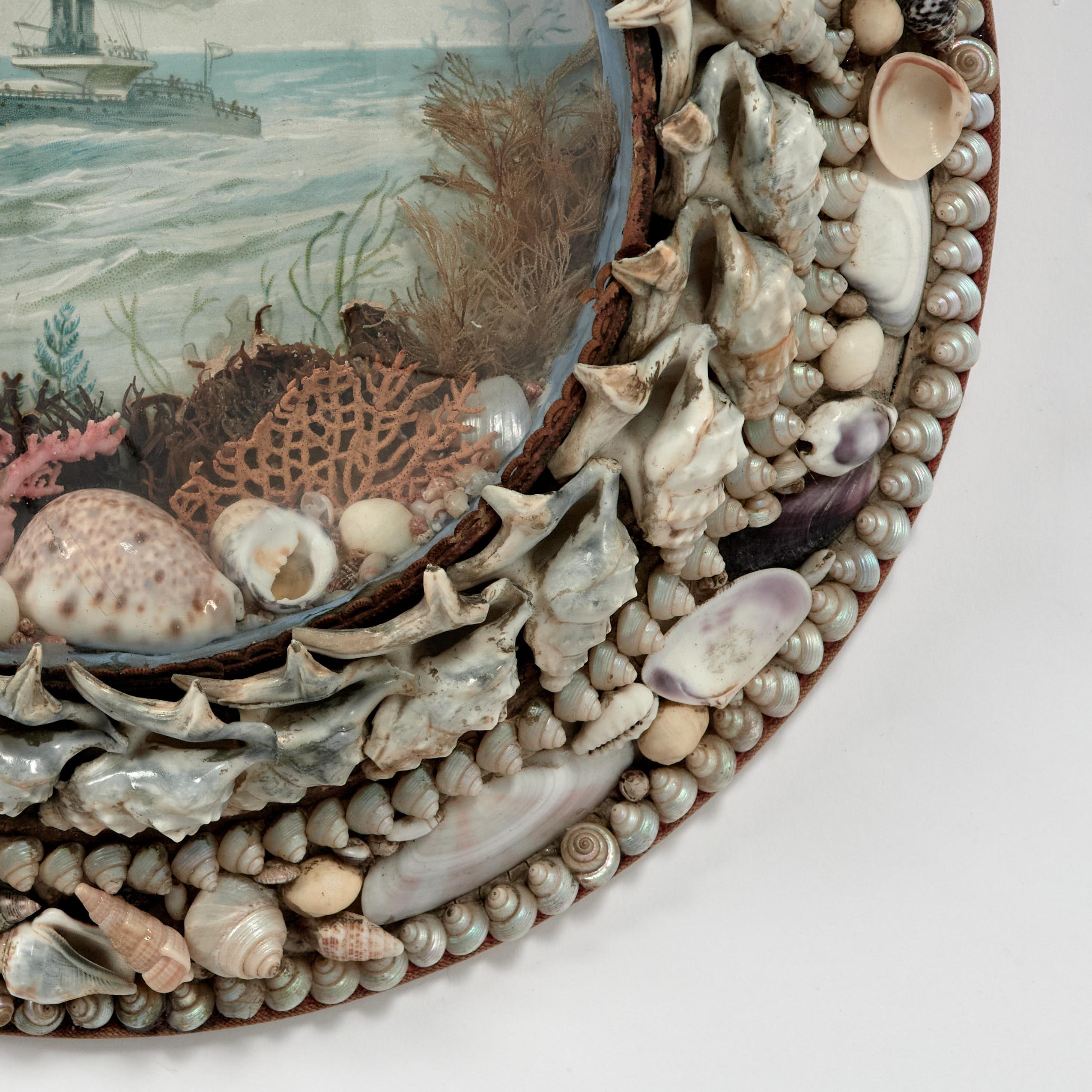 Shell Antique Sailors Valentine with Steam Ship For Sale