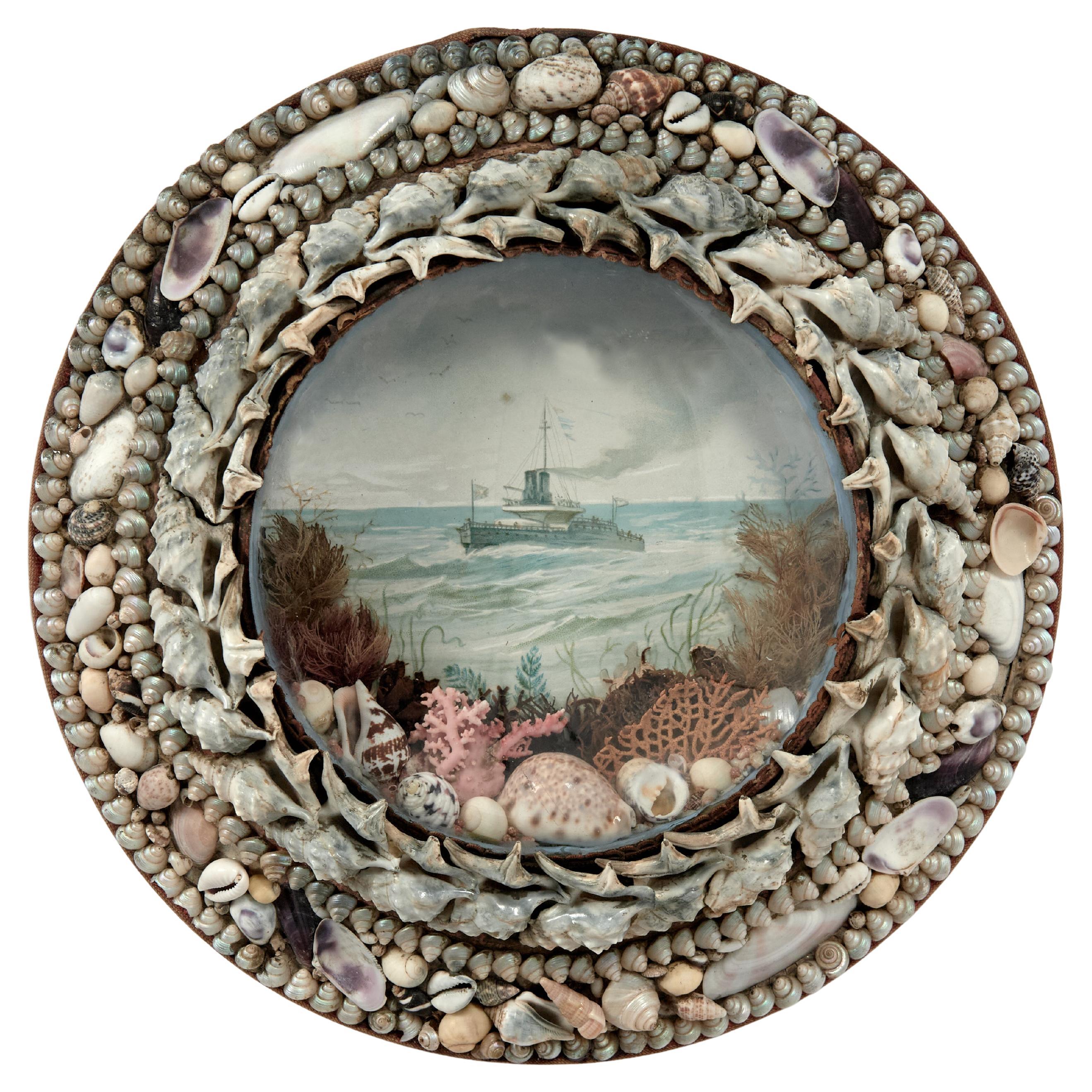 Antique Sailors Valentine with Steam Ship For Sale
