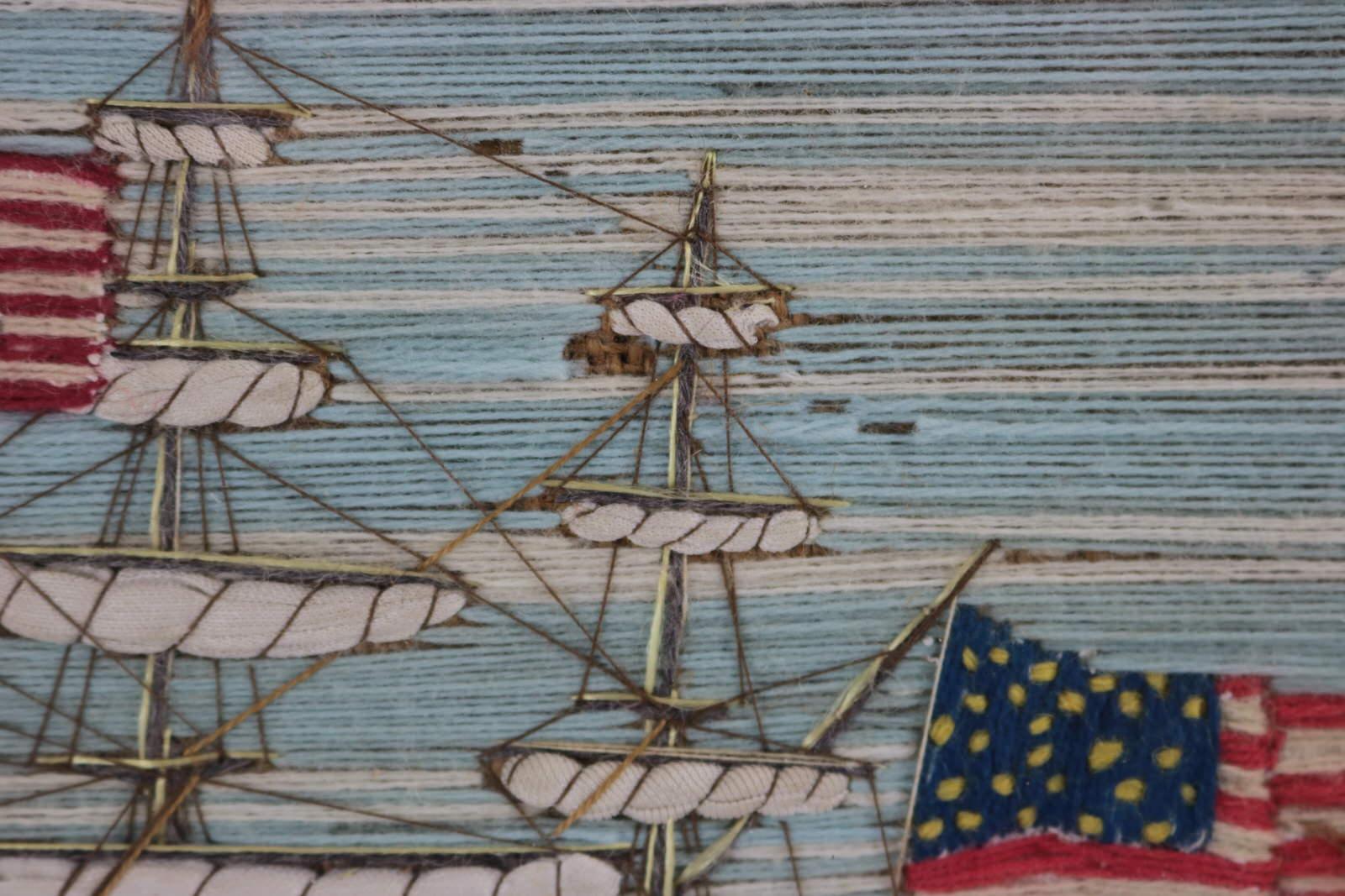 Antique Sailor's Woolwork Embroidery of an American Ship 6