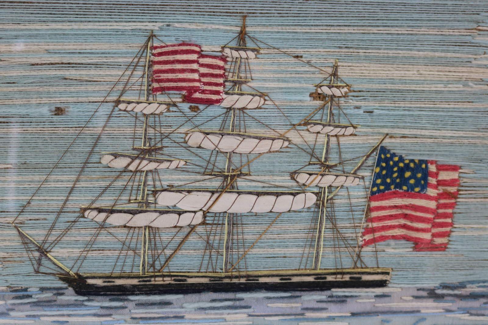 Late 19th Century Antique Sailor's Woolwork Embroidery of an American Ship