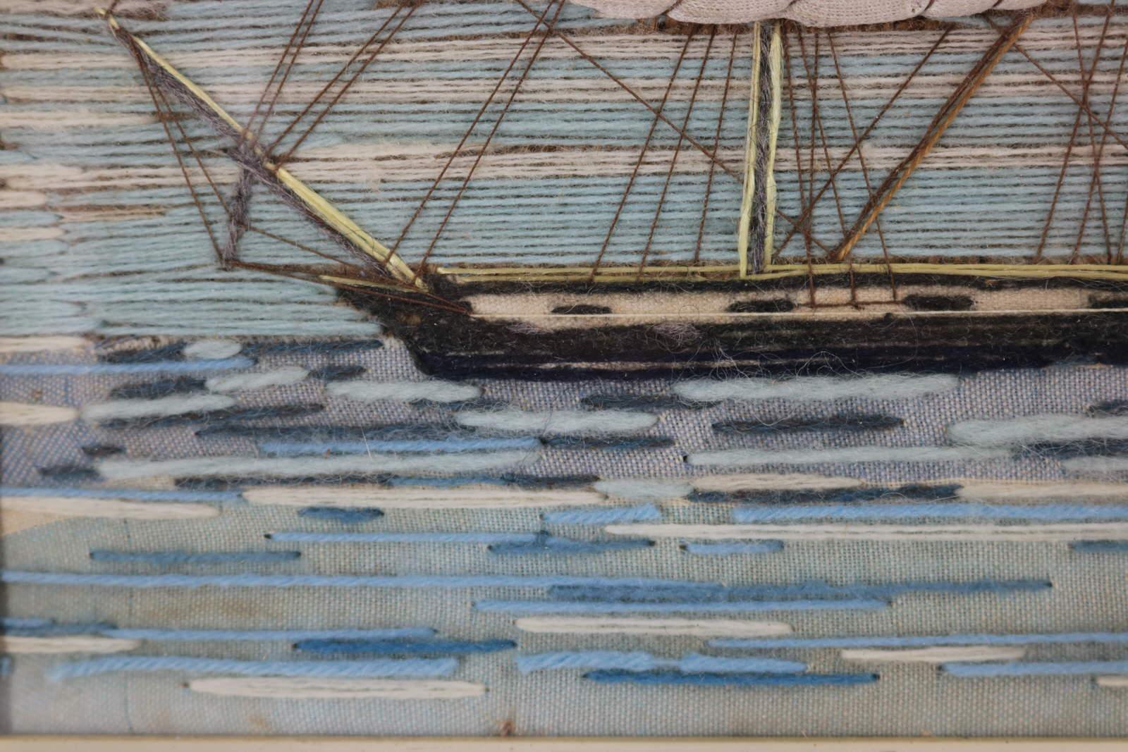 Antique Sailor's Woolwork Embroidery of an American Ship 3
