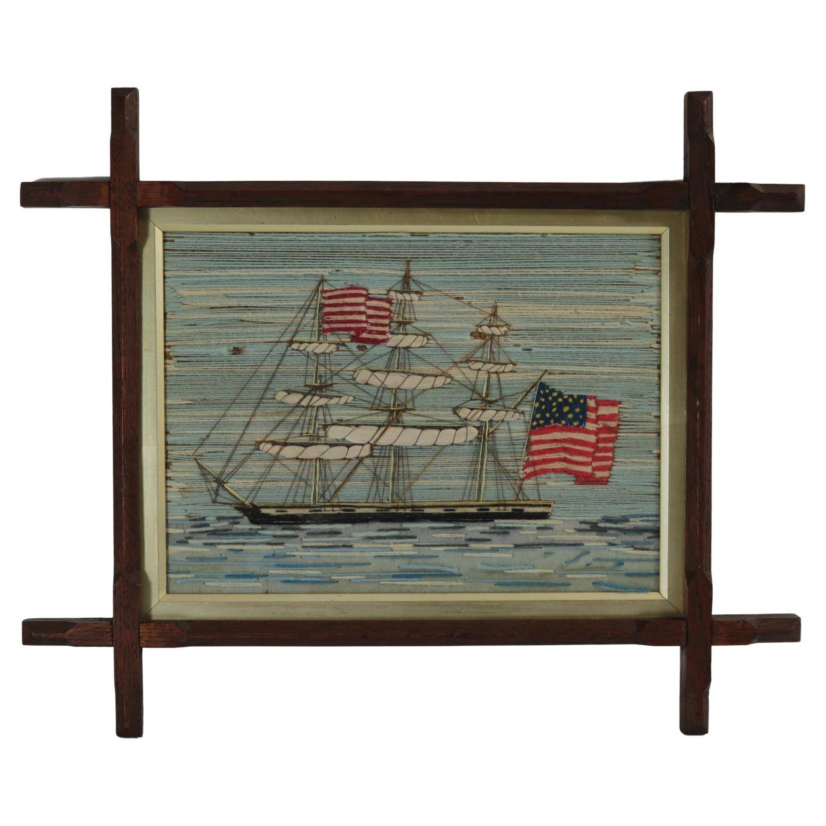 Antique Sailor's Woolwork Embroidery of an American Ship