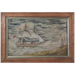 Antique Sailor's Woolwork Picture of a Ship Landing
