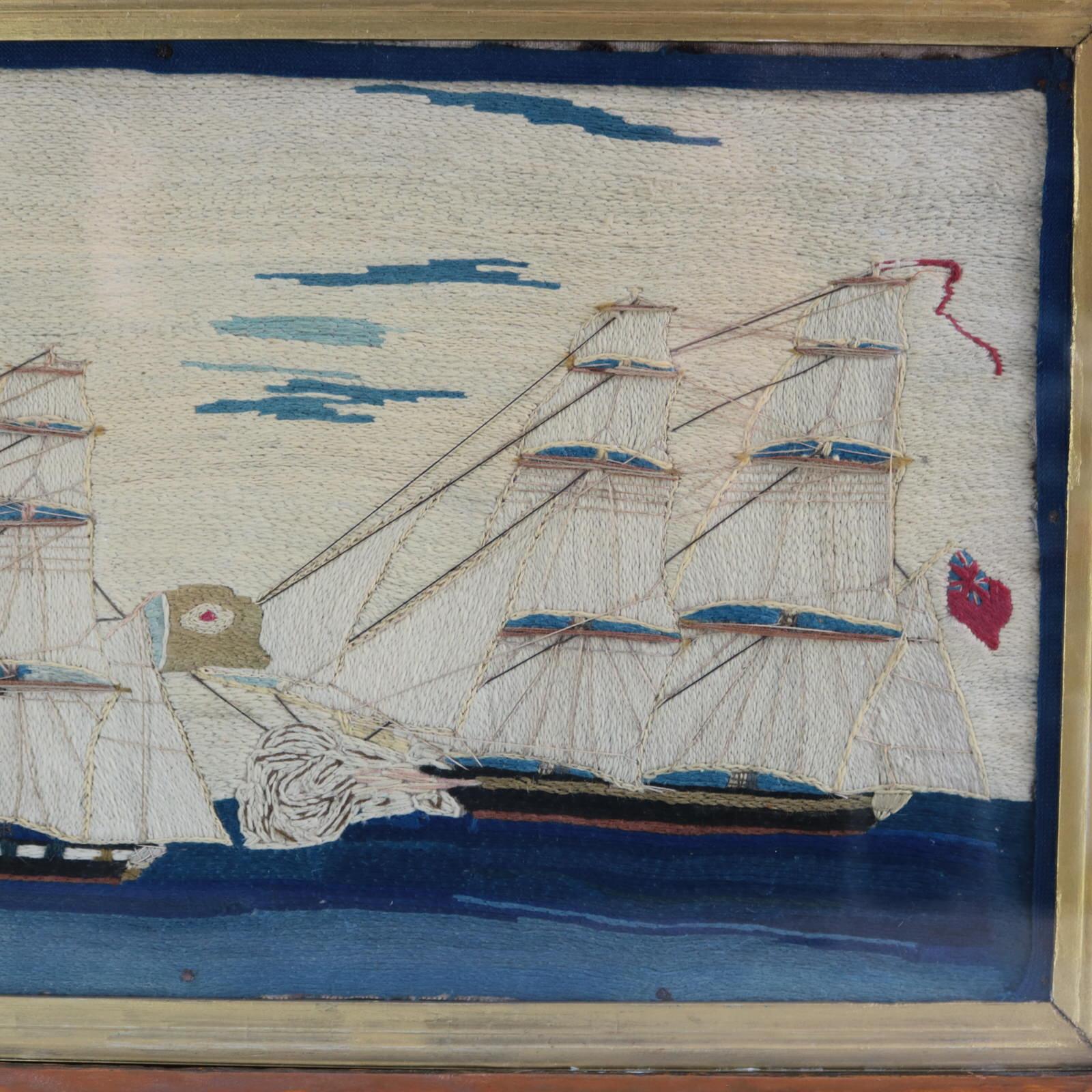 Antique Sailor's Woolwork Picture of Ships in Battle In Good Condition In Chelmsford, Essex