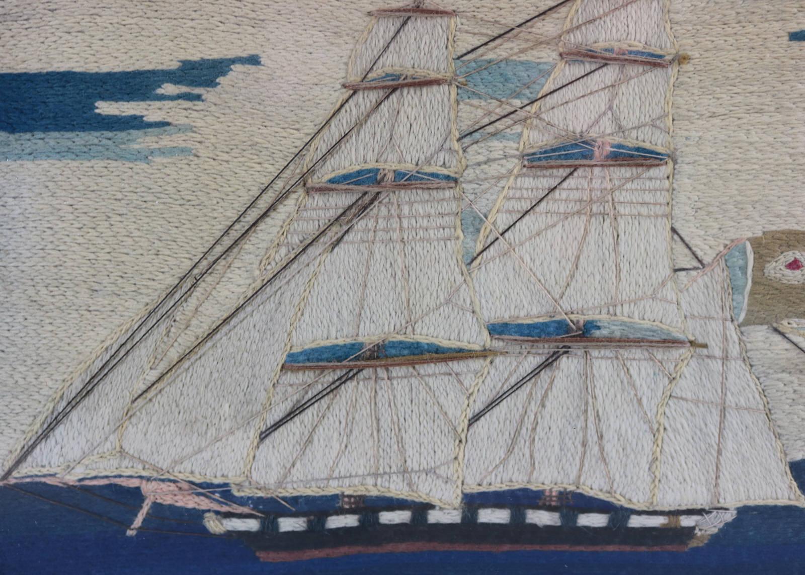 Antique Sailor's Woolwork Picture of Ships in Battle 1