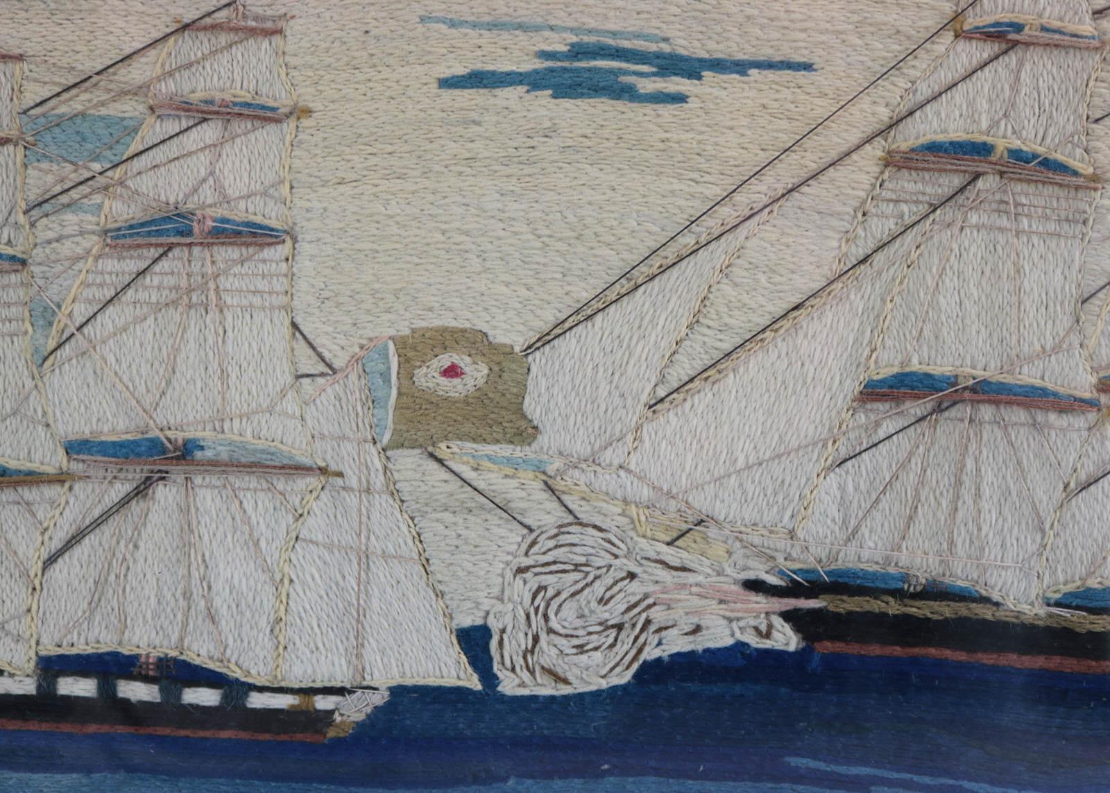 Antique Sailor's Woolwork Picture of Ships in Battle 2