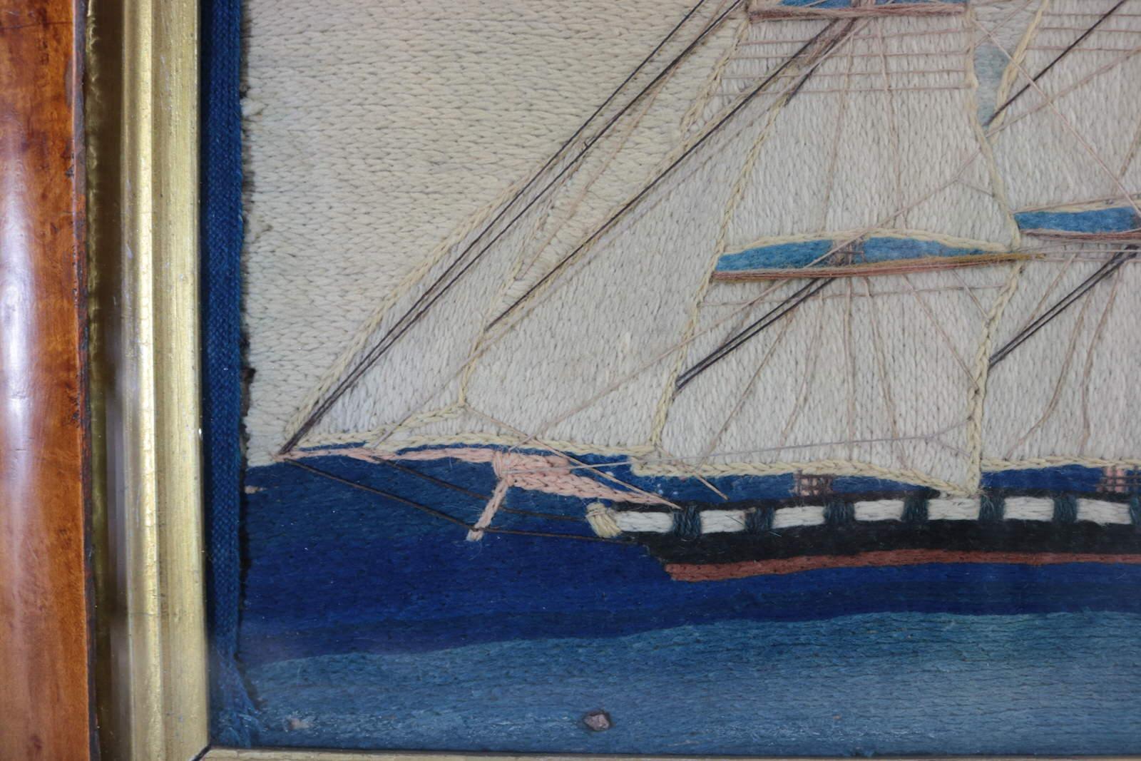 Antique Sailor's Woolwork Picture of Ships in Battle 4