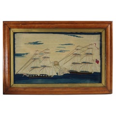 Image ancienne en laine de marin représentant des navires en bataille